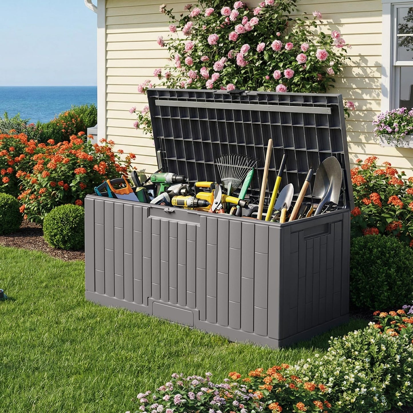 Jocoevol Deck Box 100 Gal, UV Resistant & Waterproof Outdoor Storage Box with Lock, Easy Assemble Storage Bins Container for Pool Patio Garden