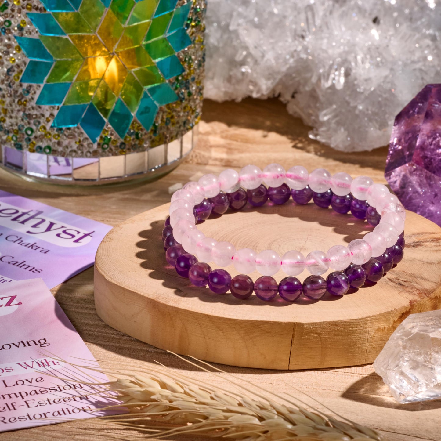 Bivei 2-Piece 4mm Beaded Bracelets for Women – Amethyst, Rose Quartz – Handmade Natural Crystal Stretch Elastic Jewelry for Meditation, Yoga, Protection Gifts