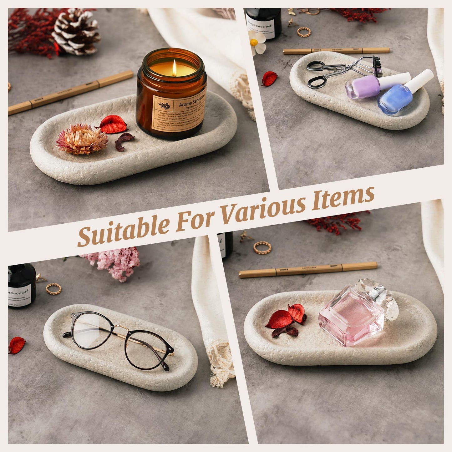NiHome Natural Travertine Jewelry Tray for Bracelets, Necklaces, Rings, 7.8"x3.9"x0.86" Durable and Easy-to-Clean Key Dish, Minimalist Cement Organizer Decorative Tray for Bedroom, Vanity, Living Room