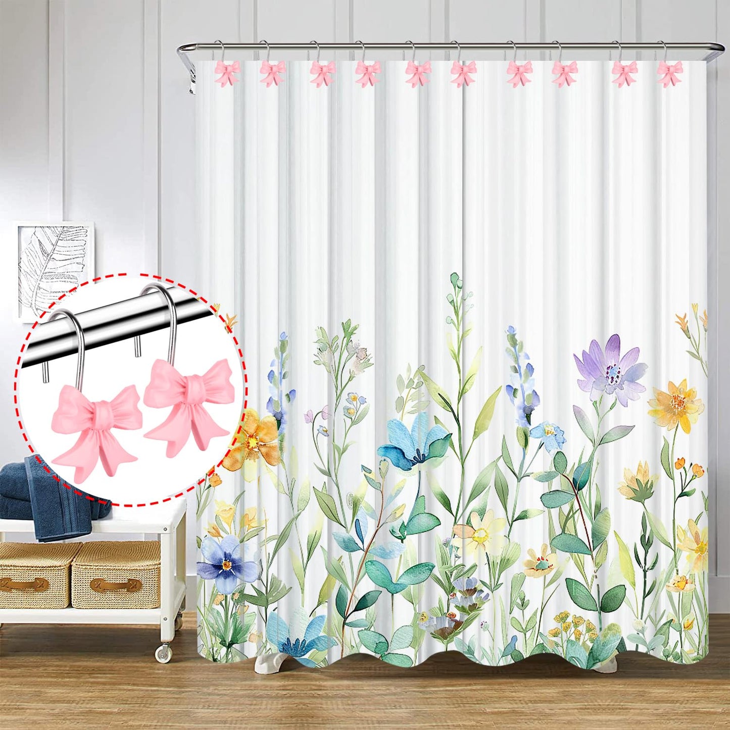 12pcs Bow Knot Shower Curtain Hooks,Home Decorative Shower Curtain Rings for Bathroom,Resin Shower Curtain Hangers Bathroom Accessories (Pink)