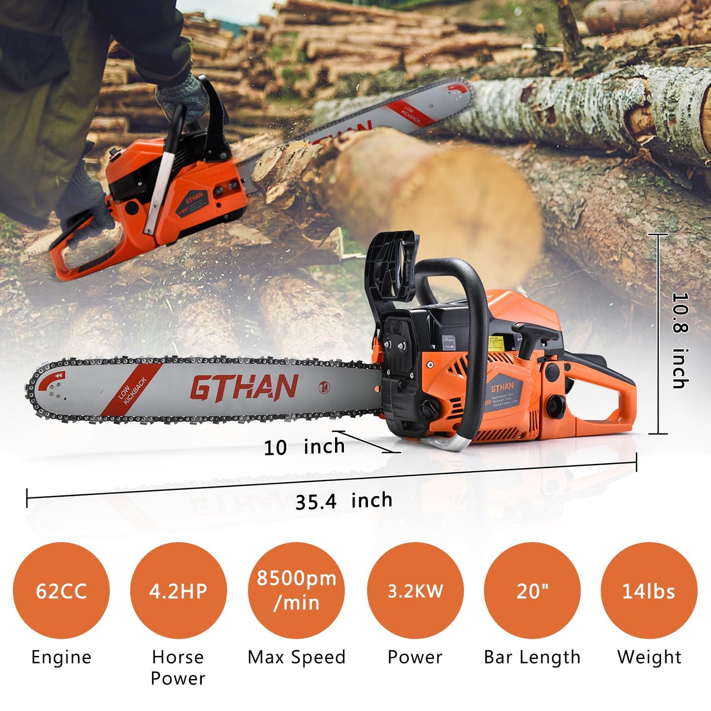 62cc Gas Powered Chainsaw 2-Cycle Gasoline Chain Saw with 20-Inch Guide Bar Cordless Gas Chainsaw for Tree Cutting Firewood Garden and Farm Use