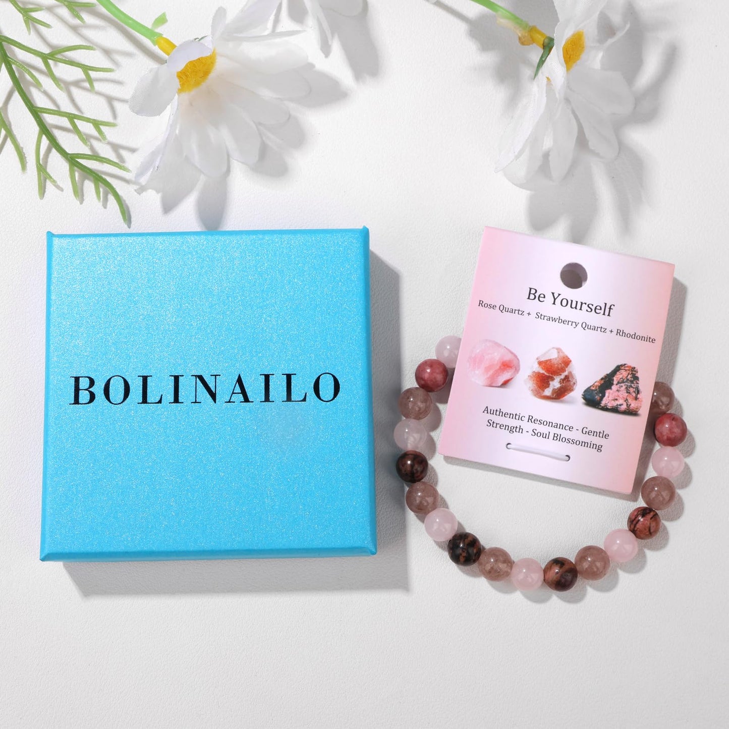 Bolinailo Healing Crystal Be-Yourself Bracelet 8mm Crystal Beaded Bracelet for Women Men Natural Stones of Rose Quartz, Strawberry Quartz and Rhodonite Handmade Gemstone Reiki Spiritual Jewelry Gifts