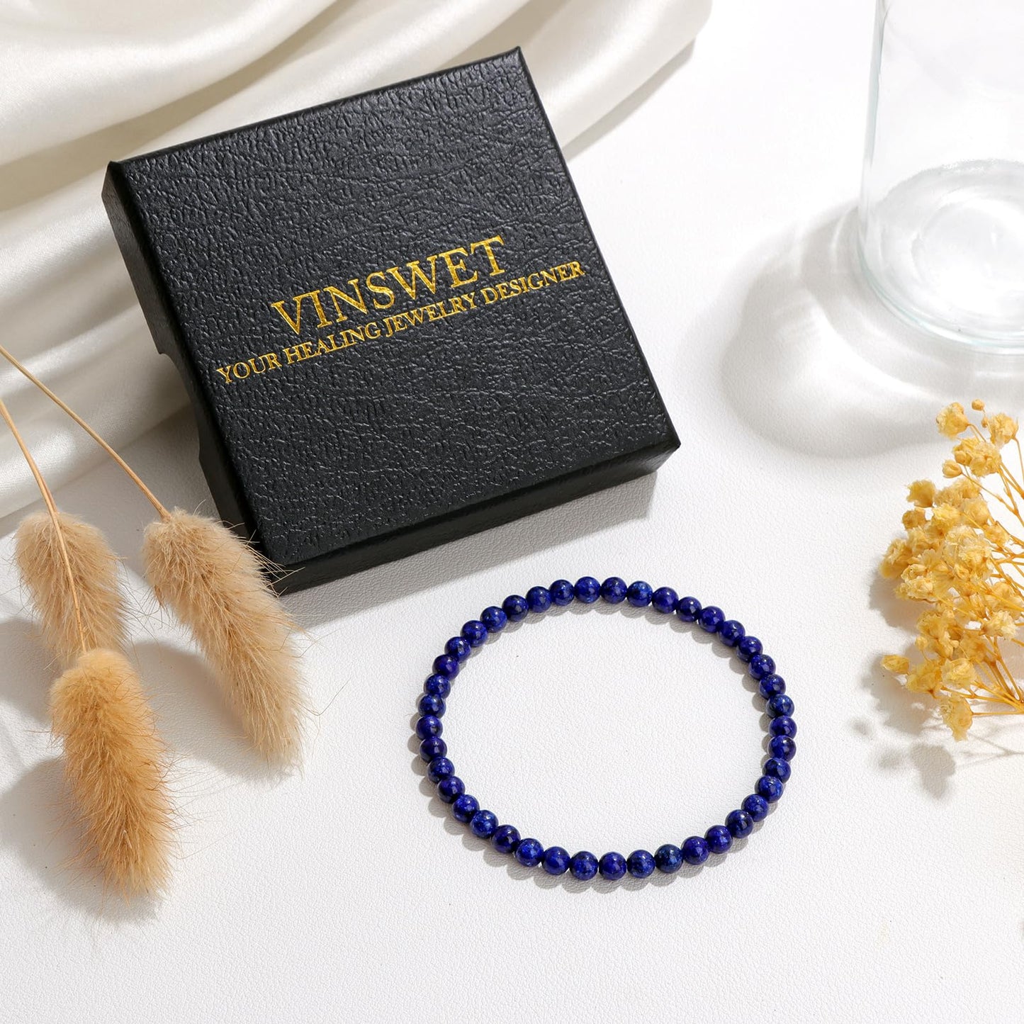Vinswet Healing Crystal Bracelets for Women Men 4mm Lapis Lazuli Natural Stone Beaded Stretch Bracelet Handmade Gemstone Reiki Spiritual Jewelry Gifts