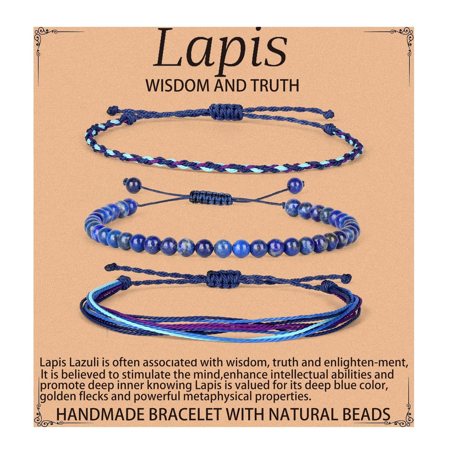 QOGIR Handmade Healing Bracelets for Women,4mm Natural Lapis Lazuli Gem Stone Beads Bracelet,for Men Women Gifts with 2PCS Size Adjustable Rope Bracelets