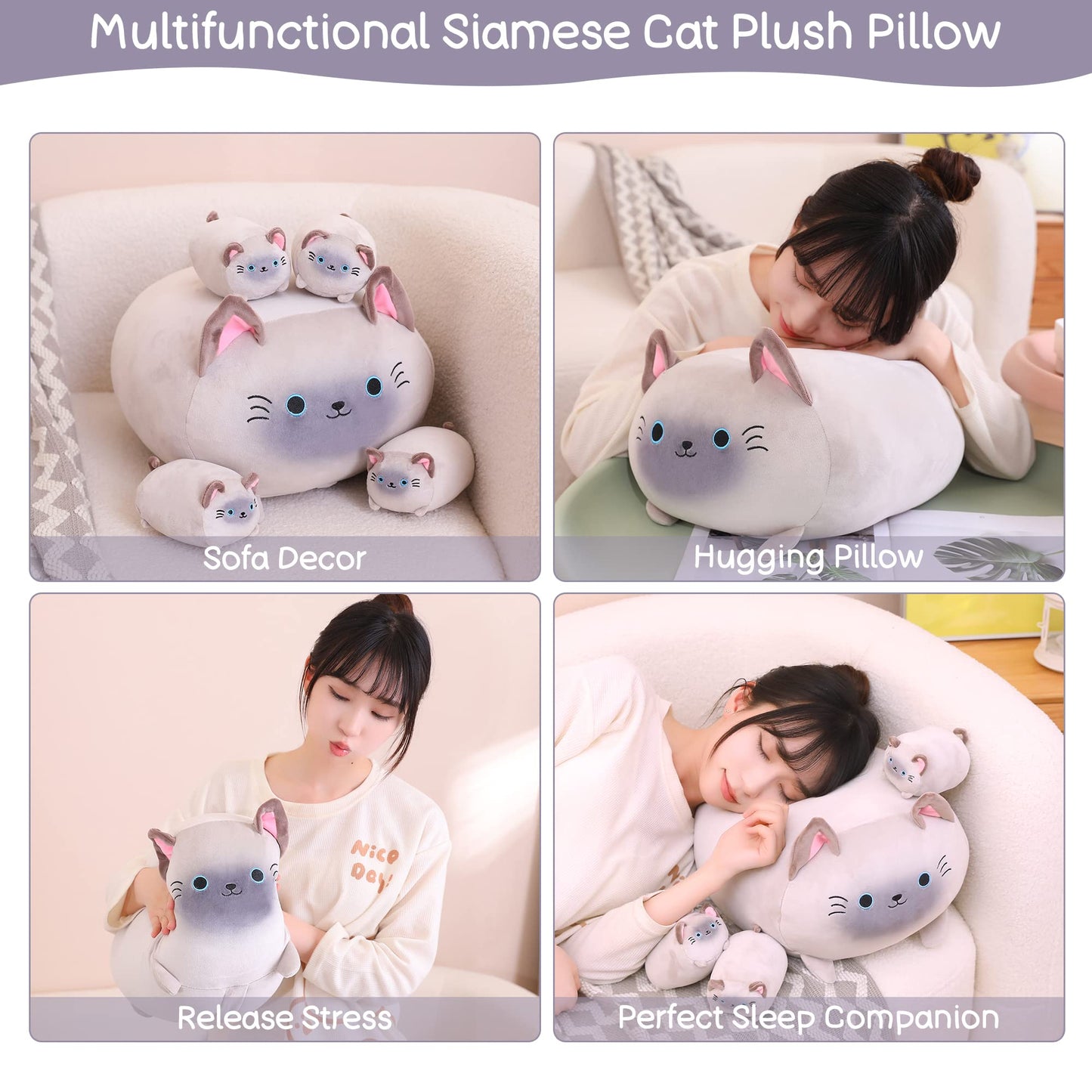 SQEQE Siamese Cat Plush, Cute Stuffed Animals Mommy with 4 Squishy Kitties, Soft Plush Pillow Gifts for Kids