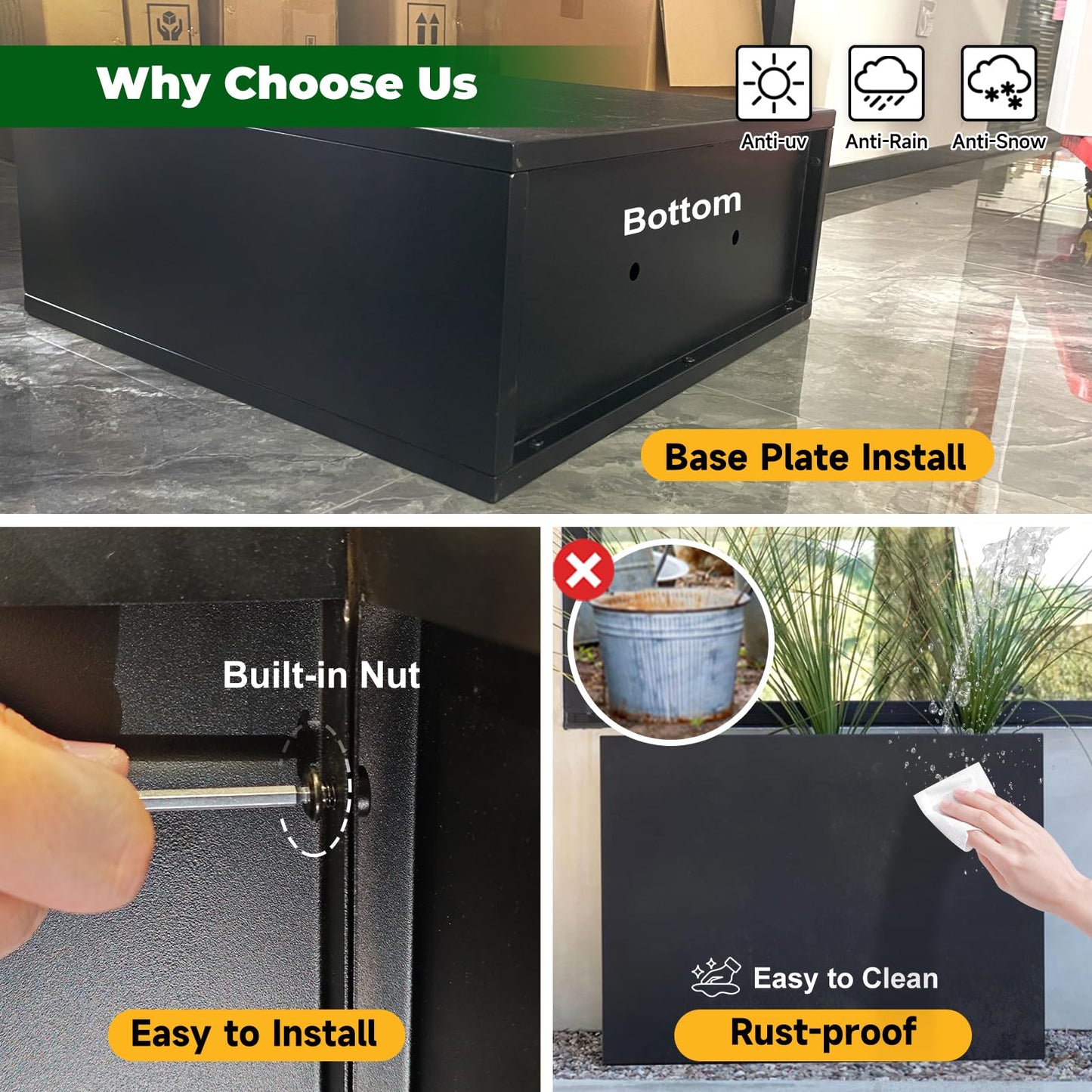 GZLVSOW Metal Rectangular Planter 30" L x 12" W x 24" H Tall Metal Planter Box with Removable Insert Shelf for Outdoor, Indoor, Garden (Black, 30 * 12 * 24)