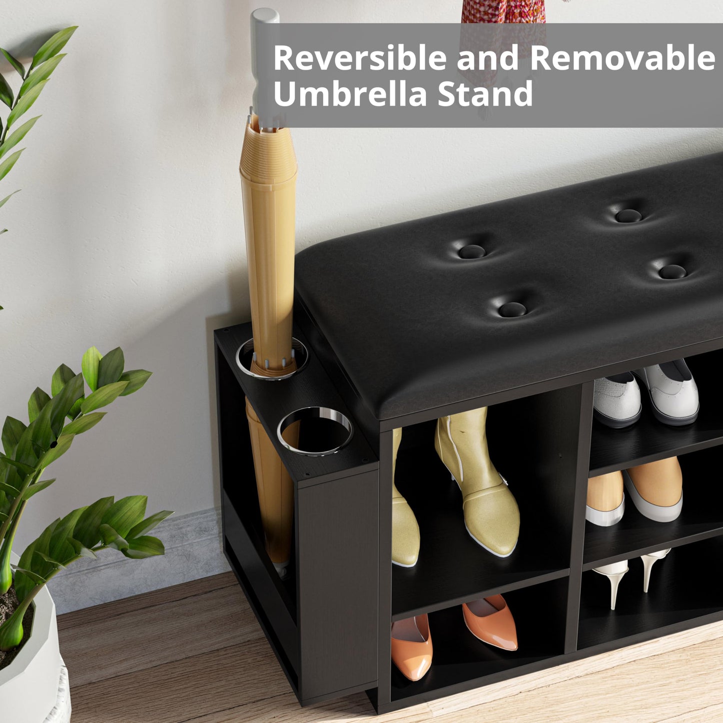 IRONCK Shoe Bench, Ten Cubbies Storage Entryway Bench with PU Leather, Cubby Shoe Rack Organizer with Adjustable Shelves for Living Room, Bedroom, Black
