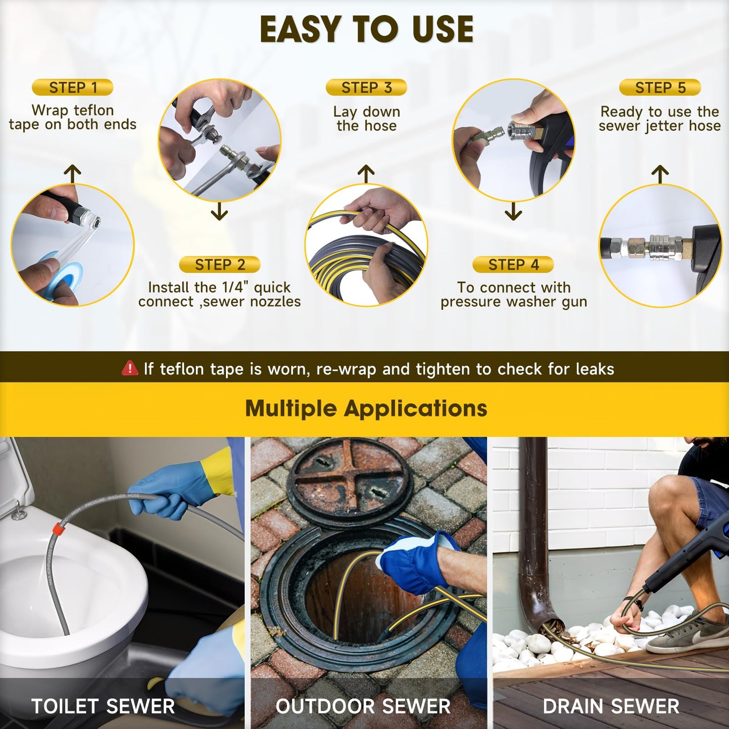 TUTULUCK Sewer Jetter Kit for Pressure Washer, 5800PSI Drain Cleaner Hose 1/4 Inch NPT Corner,Showerhead,Rotating rotates,Mushroom Nose,Corner sewer nozzle(100FT)