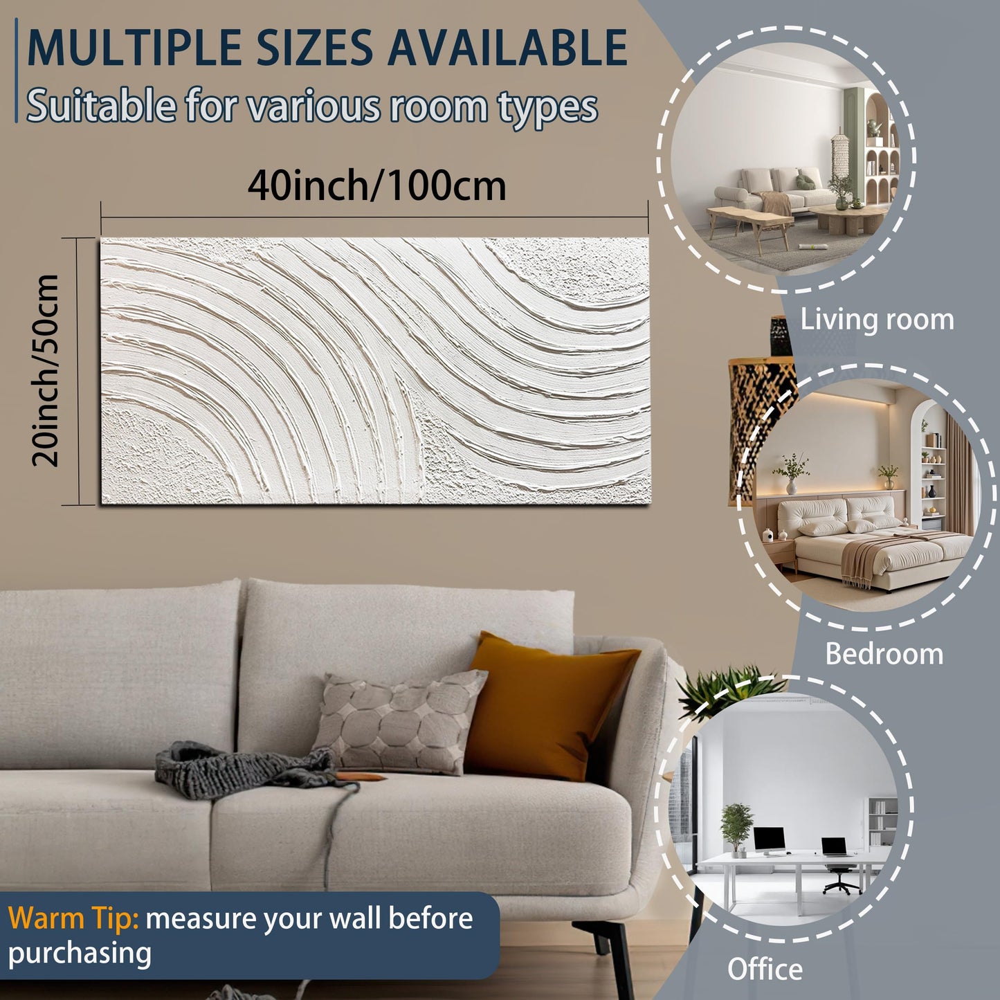 Trogonup Large Abstract Canvas Wall Art for Living Room Hand Painted White Minimalist Textured Painting Modern Neutral Artwork for Bedroom Home Office Decor Ready to Hang 20x40 Inch