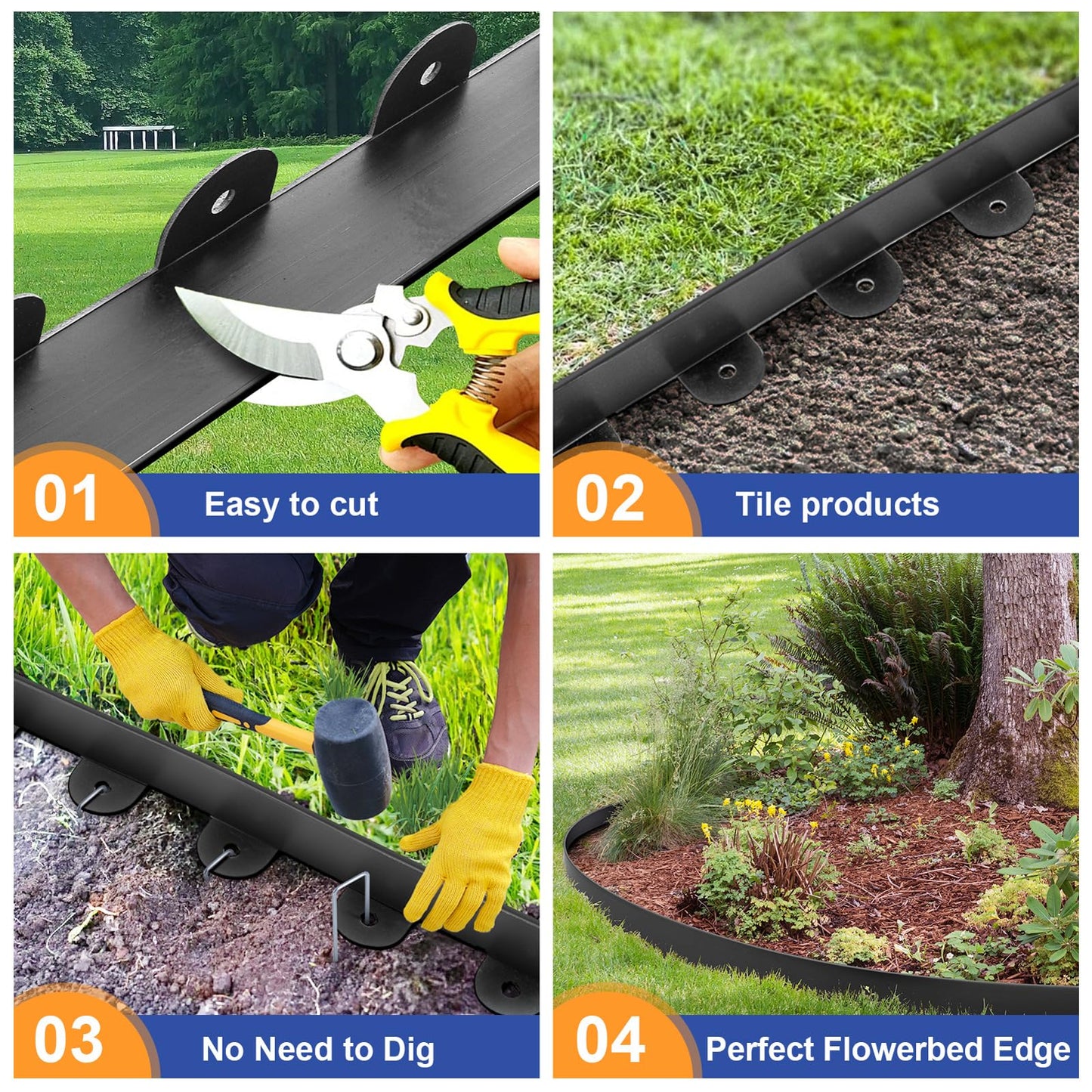 Jorvila Landscape Edging, 1.5" x 100' Plastic Garden Edging with 120 Pcs Metal Spikes, Flexible Garden Border for Lawn, Landscaping, Flower Beds