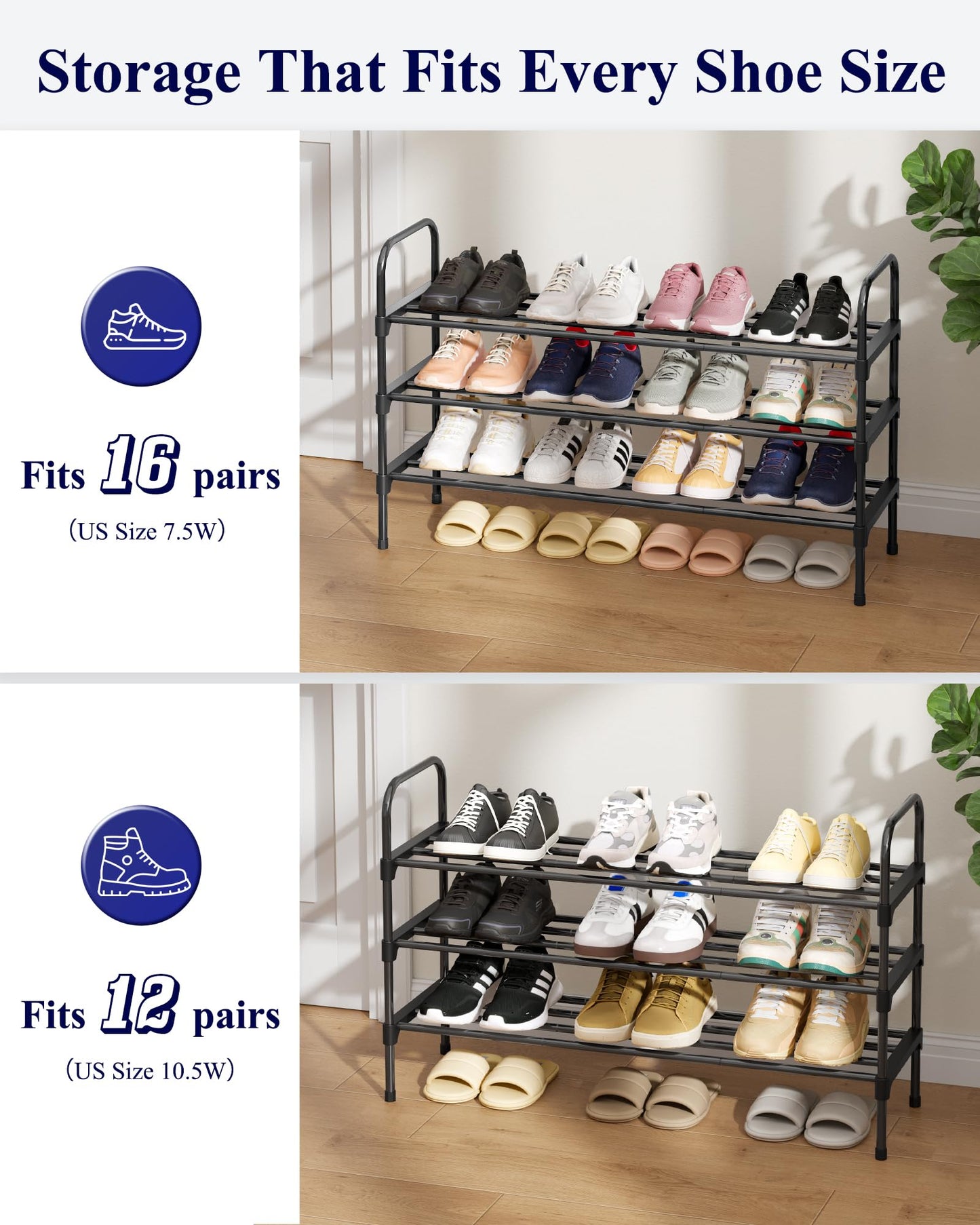 Kitsure Shoe Rack - 3-Tier Space-Saving Shoe Organizer & Shoe Shelf with Handle, Easy Assembly, Sturdy Metal Shoe Rack for Closet, Entryway, Bedroom, 28.0" x 11.8" x 25.6", Black