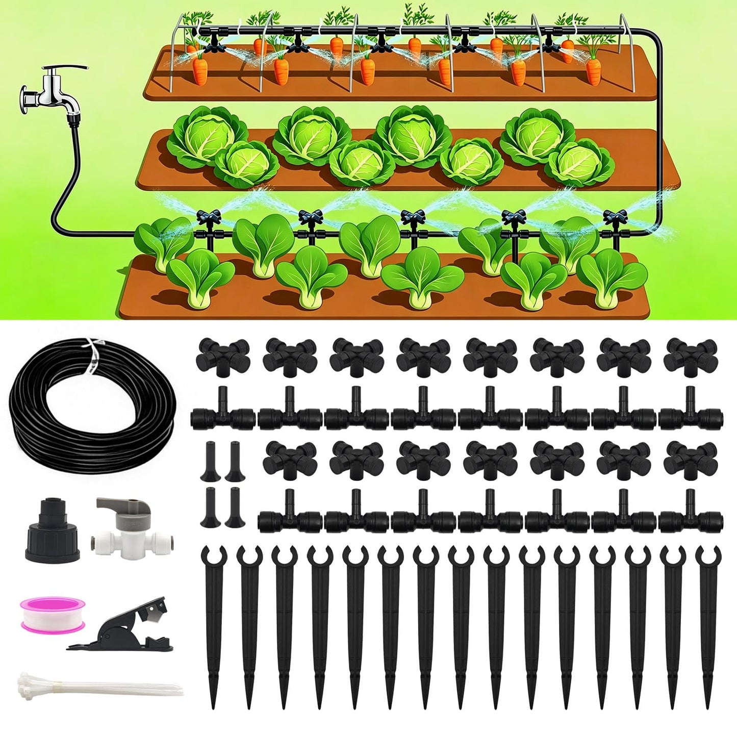50FT Drip Irrigation System Kit Automatic Garden Watering System with 1/4" Drip Tubing & Quick Connect Fittings Adjustable Mist and Linear Columnar Modes for Greenhouse, Raised Garden Beds, Lawn, Yard
