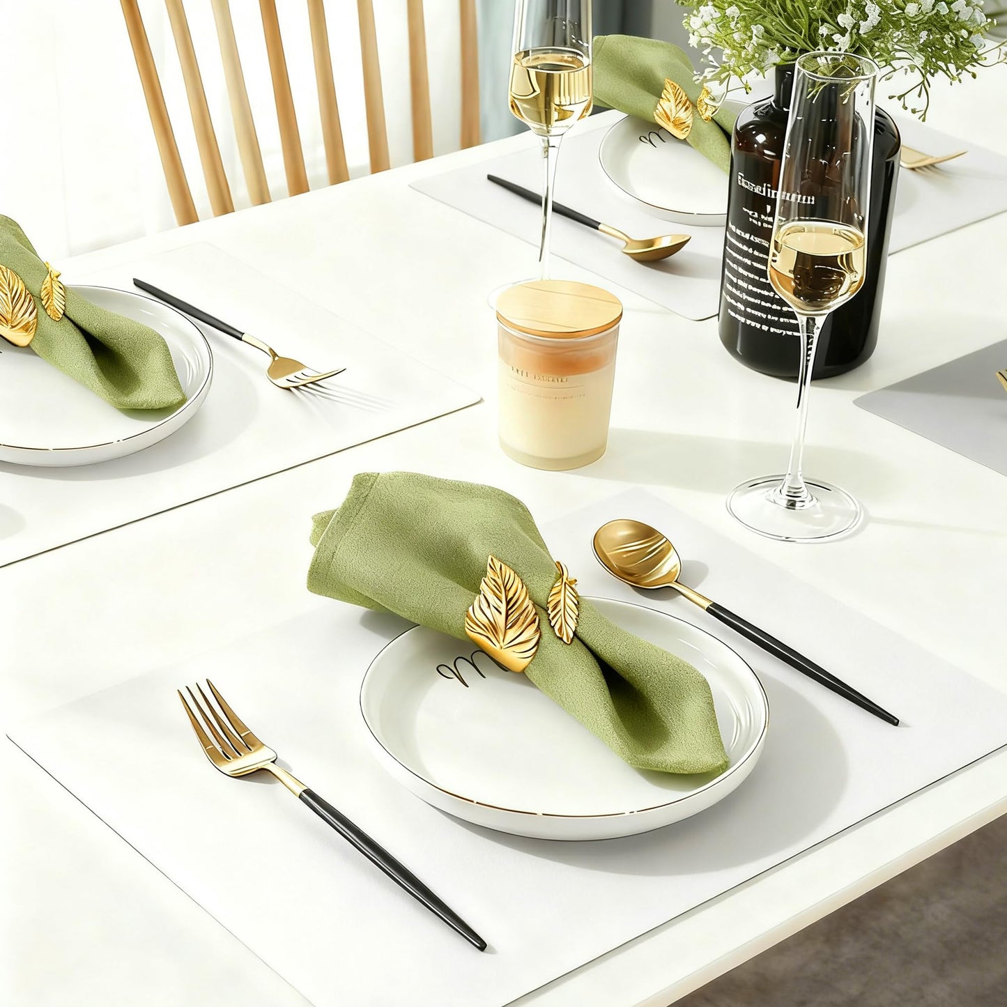 12-Pack Elegant Napkin Rings, Premium Metal Napkin Holders for Wedding, Daily Dining & Holiday Decor, Polished Gold & Silver Napkin Rings Set for Table Setting (Leaf Shaped-Gold)