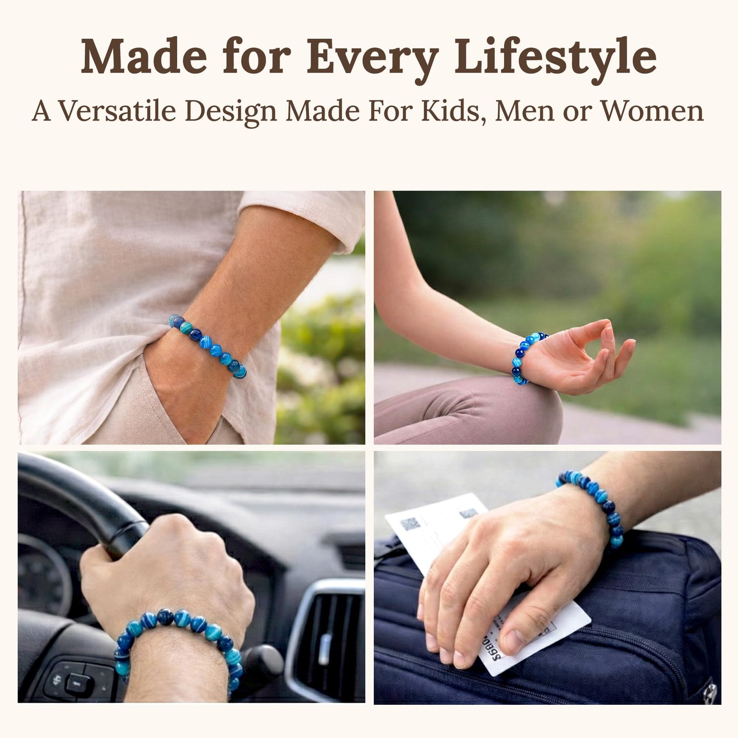 Elm City Direct 8mm Natural Stone Beaded Bracelet – Unisex Crystal Stretch Bracelets for Men & Women, Chakra & Healing Jewelry, Gift-Ready Beaded Bracelets (Blue Striped Agate, 8mm)
