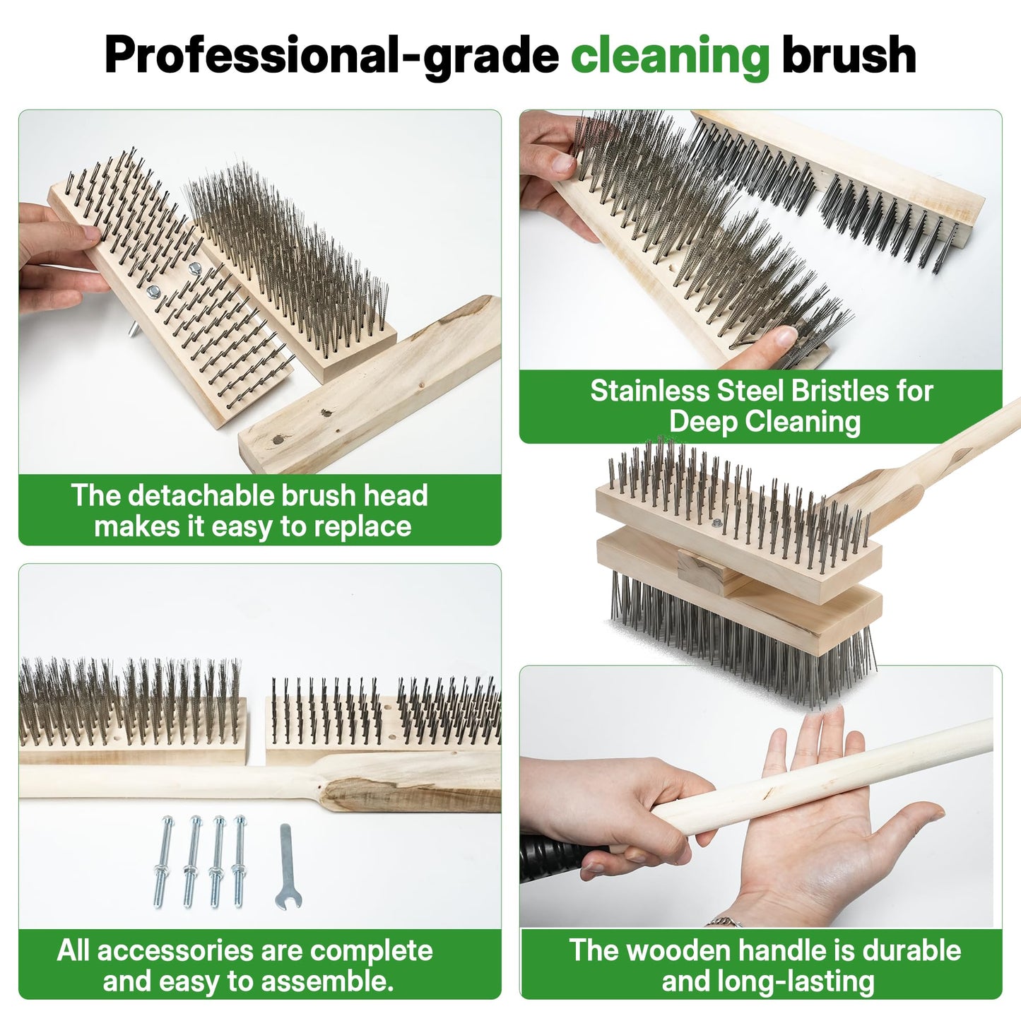 FULEIYA 2PCS 51" Stainless Steel Grill Brush for Outdoor Grill Cleaning Brush with Long Handle, BBQ Grill Brush Detachable Double Ended Wire Bristle Brush Grill with Fixing Bolts & Wrench