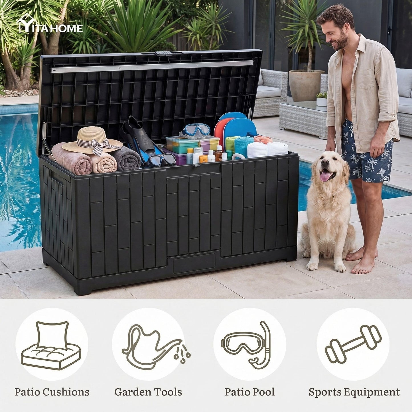 YITAHOME Large Outdoor Storage Box, 120 Gallon Waterproof Resin Deck Box with Slide-Locking Lid, Patio Storage Bin and Bench Seat for Garden Tools, Cushions & Pool Supplies, Easy Assembly, Black