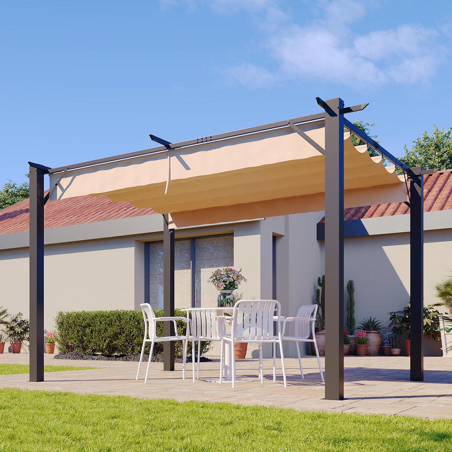 Aoxun 10'x12' Outdoor Retractable Pergola, Heavy Duty Metal Frame Pergola with Adjustable Sun Shade Canopy, Modern Backyard Pergola for Garden, Deck, Patio, Lawn,Grape Trellis