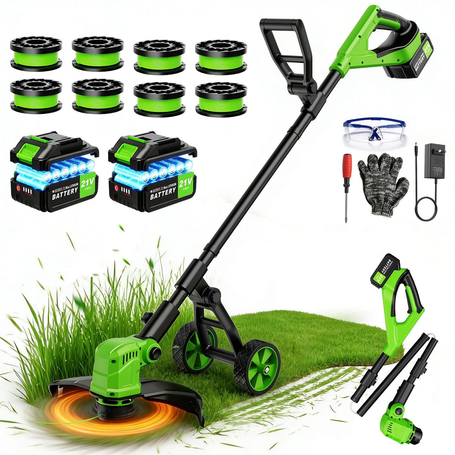 14" Electric String Trimmer Cordless Battery Powered Weed Eater with Wheel, 3-in-1 Cordless Grass Trimmer/Electric Weed Wacker/Edger, Weed Trimmer with 8 Replacement Spools for Garden, Lawn (Green)