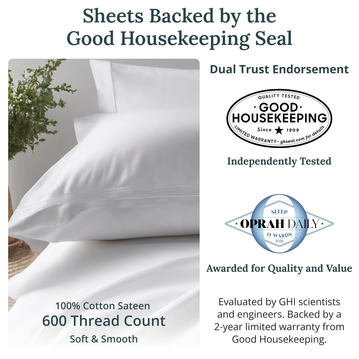 California Design Den Full Size Bed Sheets Set - Luxury 600 Thread Count 100% Cotton Sateen, Deep Pockets with All Around Elastic for a Snug Fit, Durable Bedding Set - White