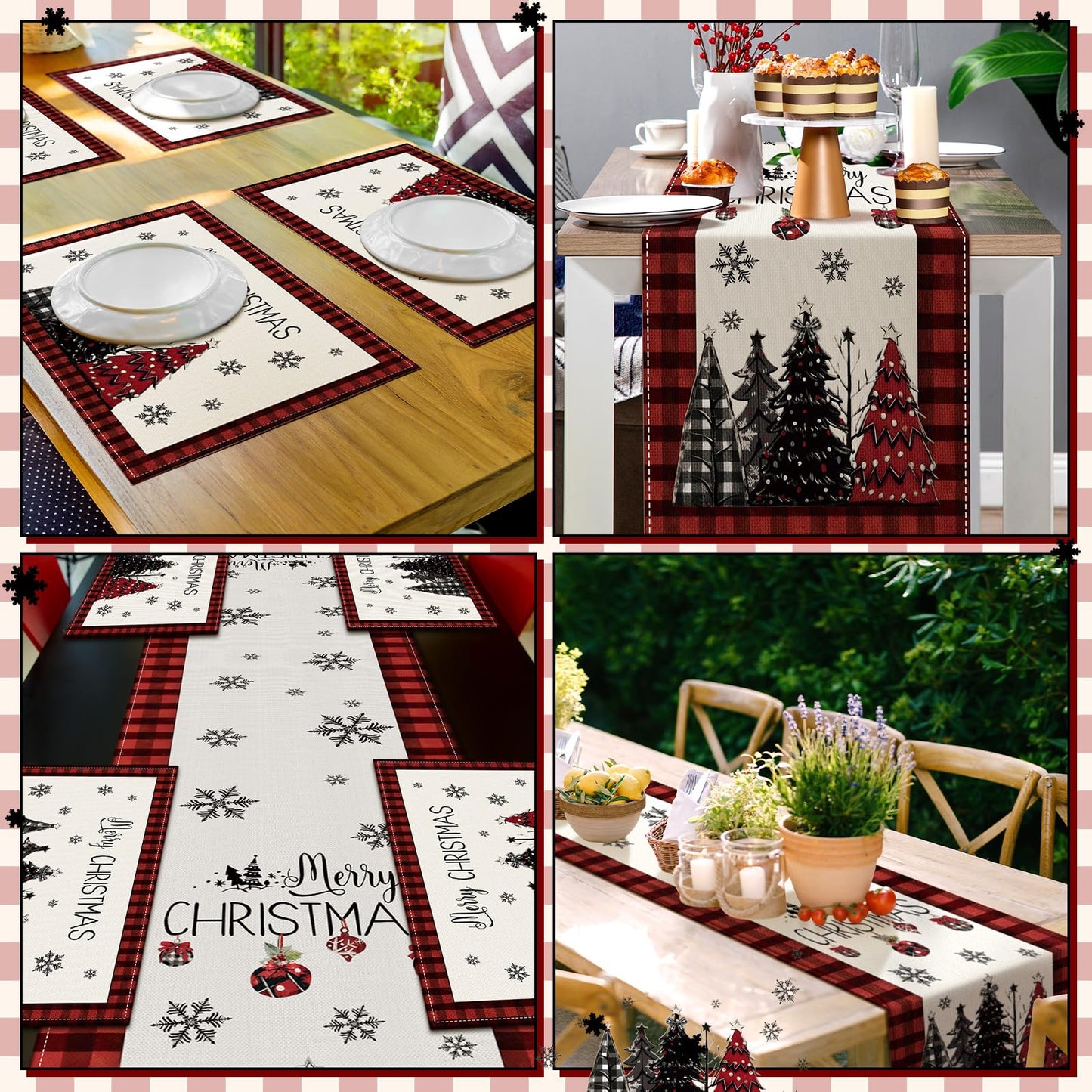 Patelai 7 Pcs Christmas Table Runner and Placemats Set Merry Christmas Buffalo Plaid Table Runner Xmas Placemats Red Black for Holiday Kitchen Dining Room Decor Party Wedding Decoration