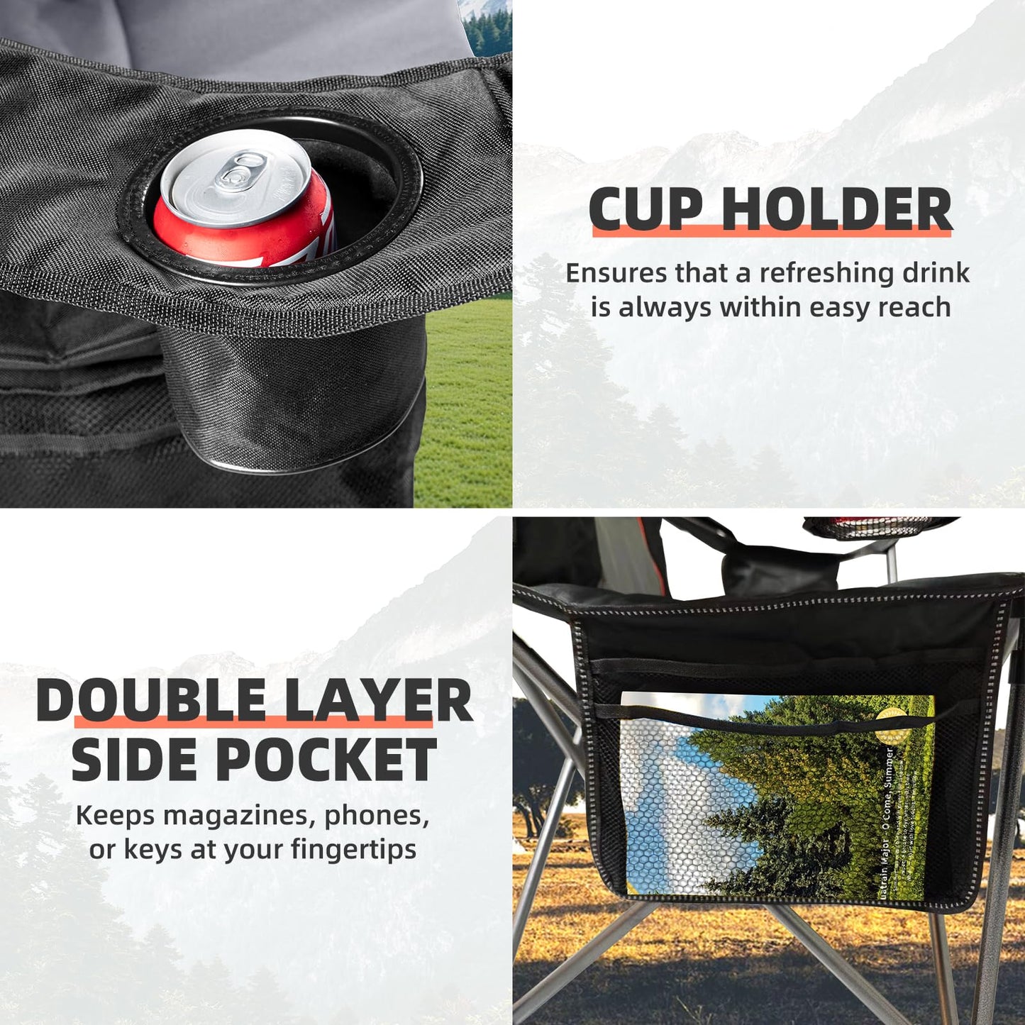 Foristrail 2 Pack Folding Camping Chairs for Adults - High Back Padded Outdoor Lawn Chairs with Lumbar Support & Cup Holder, 400lbs Heavy Duty Portable Camping Chairs Set (Black & Light Gray)