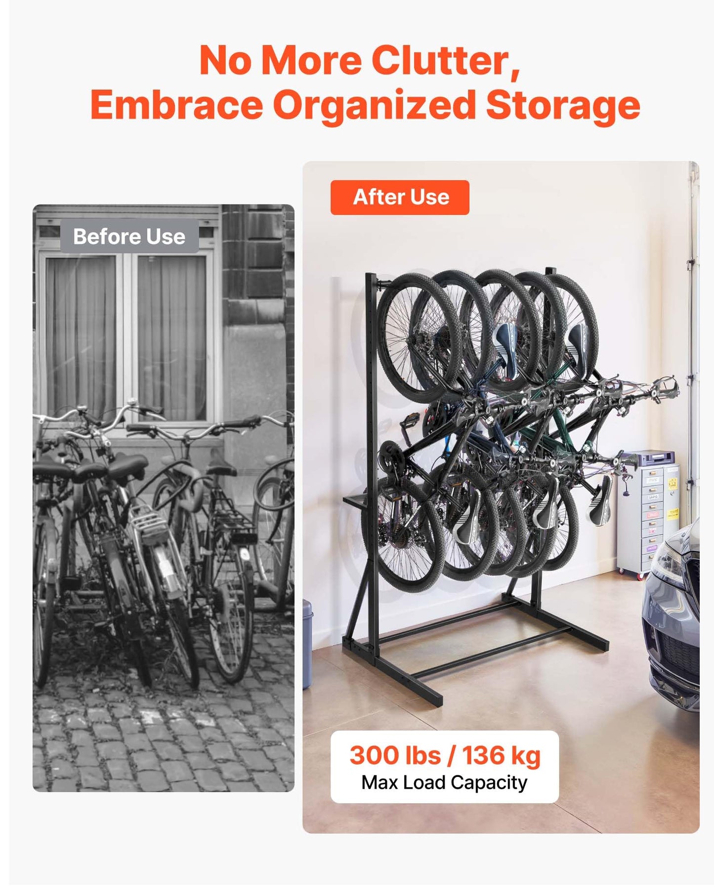 VEVOR Bike Rack, 300LBS/136KG Capacity for up to 5 Bikes, Freestanding Bike Storage Rack, Carbon Steel Vertical Bicycle Stand for Home, Yard, Garage, Living Room, Indoor/Outdoor Bicycle Storage Stand