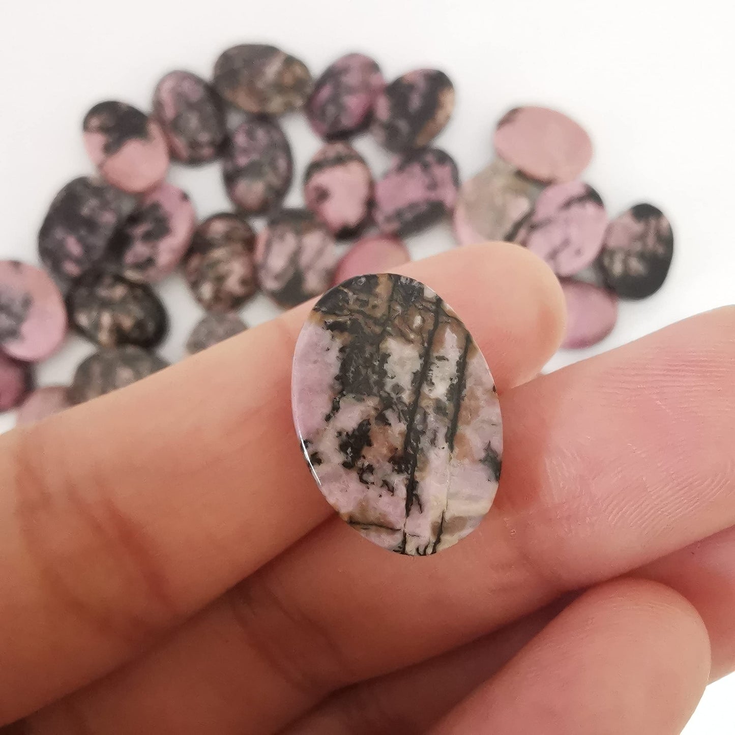 Loveliome 18x13mm Oval Cabochons Flatback Crystal Stone Gemstones Beads for Jewelry Making DIY Pack of 10, Rhodonite