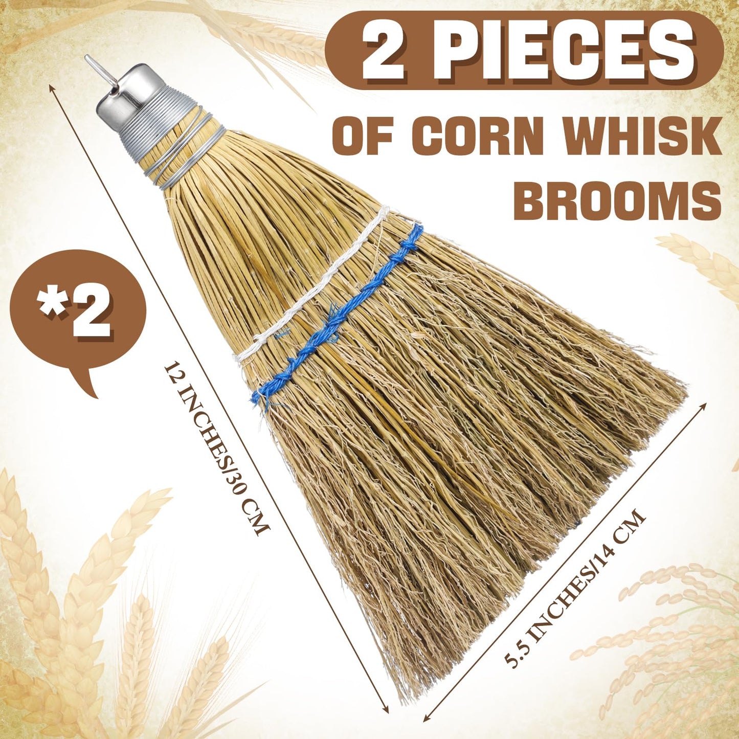 Suclain 1 Pcs 12 Inch Whisk Broom Hand Held Mini Corn Straw Whisk Broom Short Handle with Metal Hanger Halloween for Multi Surface Sweeping Small Hand Brush for Outdoor Car Porch Debris Dust Dirt