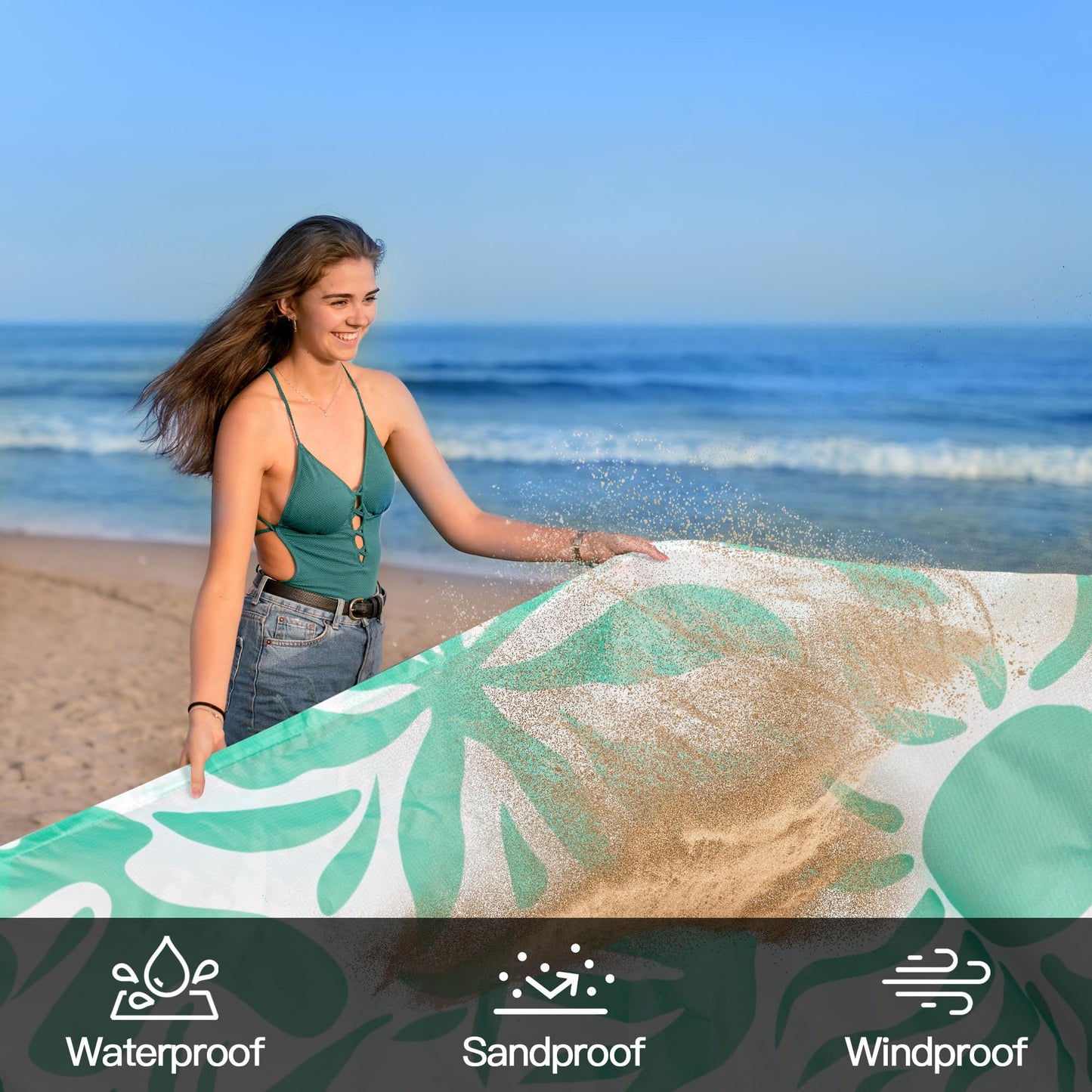 Shedoo Beach Blanket Waterproof Sandproof, 9 Ft X 10 Ft Extra Large Sand Free Beach Mat, Big Compact Lightweight Quick Drying Picnic Blanket with 4 Stakes & Pockets for Camping, Travel, Hiking