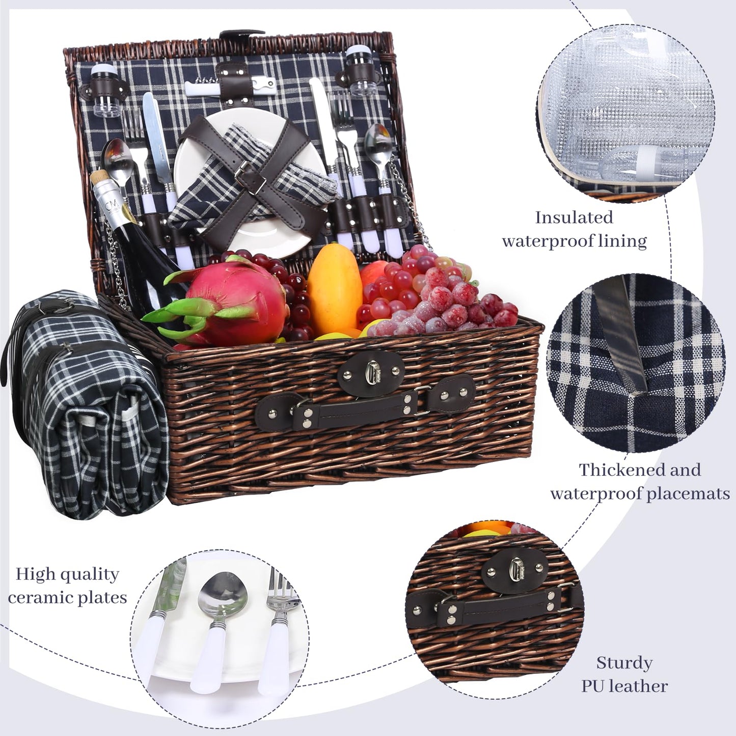 Neti Neti Wicker Picnic Basket for 4 with Insulated Cooler & Waterproof Blanket – Large Willow Picnic Hamper for Outdoor, Camping, Beach, Romantic Dates, Valentine’s Day