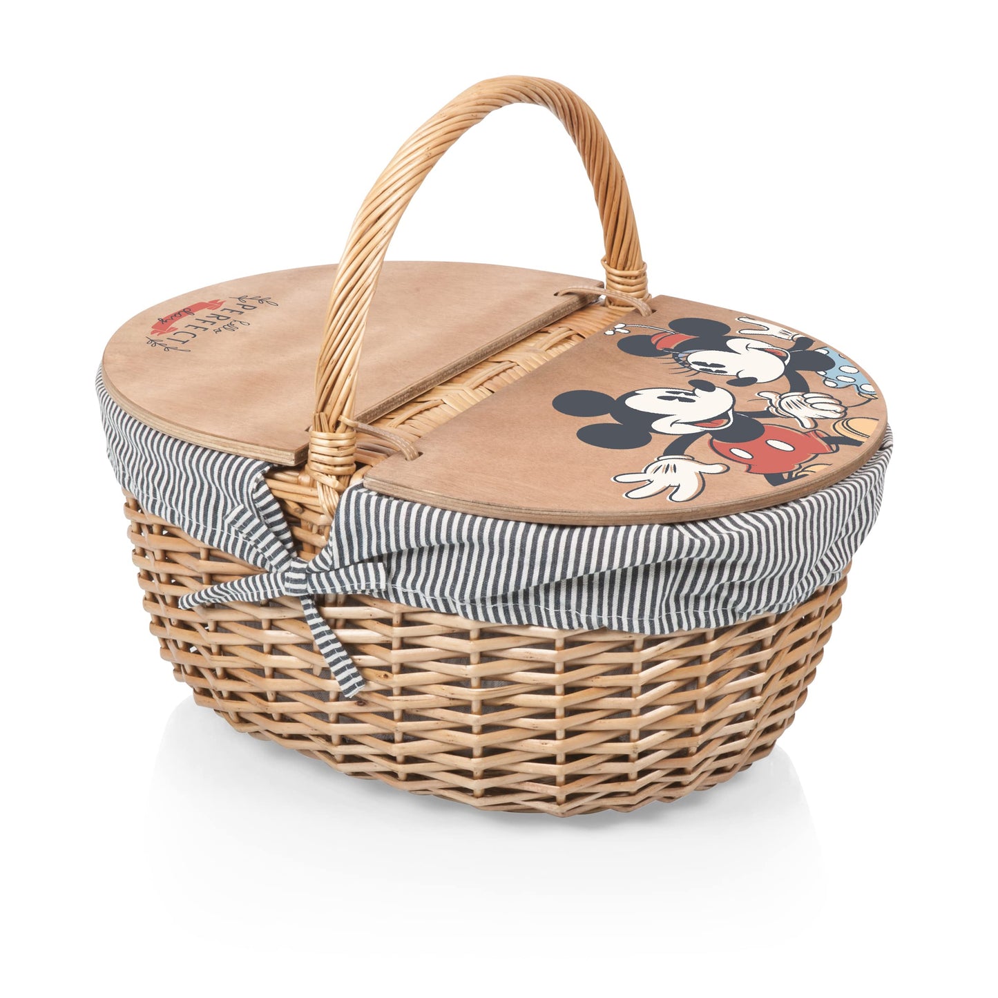 Picnic TIME Disney Mickey Mouse & Minnie Mouse Country Vintage Picnic Basket with Lid, Wicker Picnic Basket for 2, (Navy Blue & White Stripe)