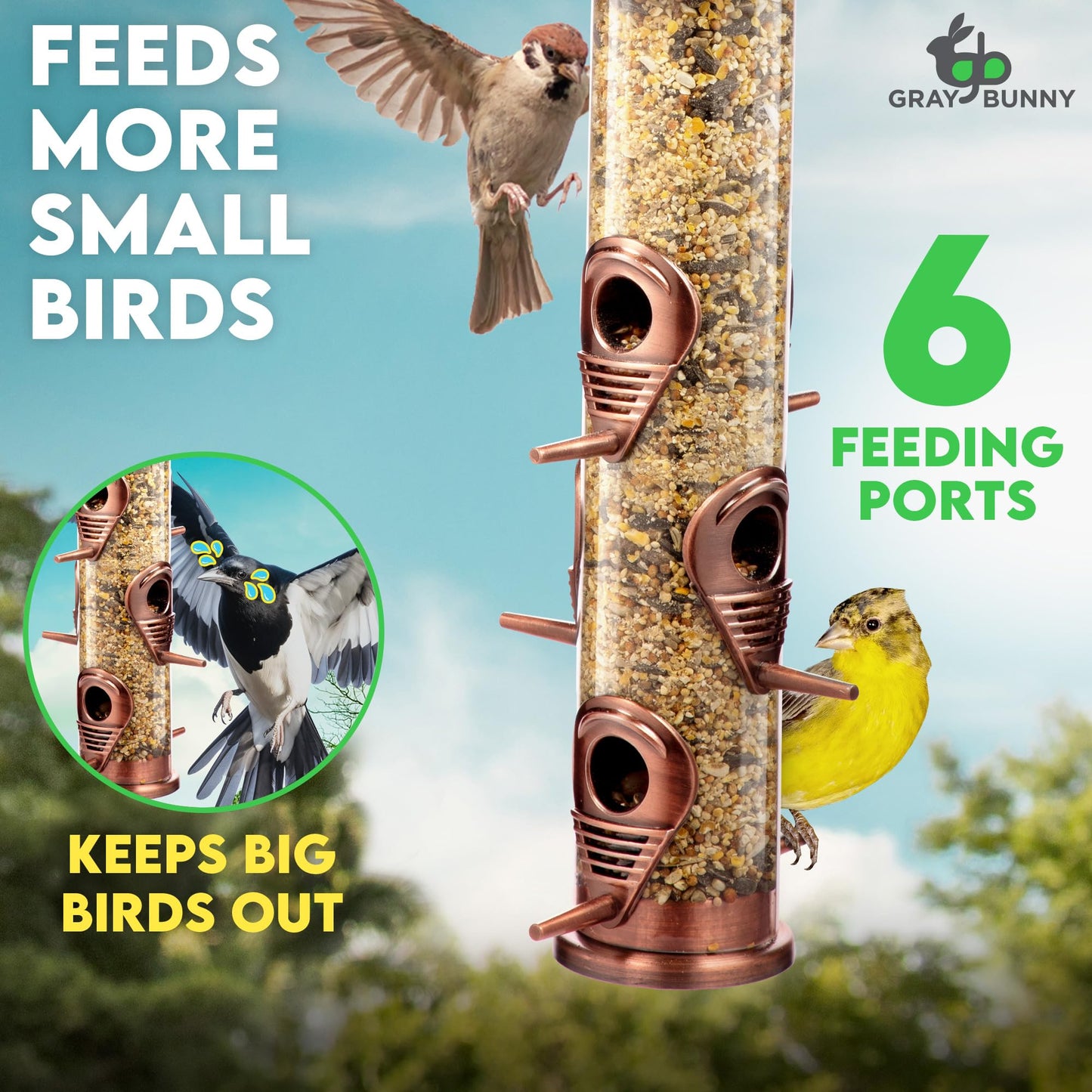 Bird Feeder for Outdoors (Brushed Metal Copper) Hanging Bird Feeders with Locking Lid & Adjustable Hanger, Chew-Proof, Weather Resistant (15 Inches, 6 Port)