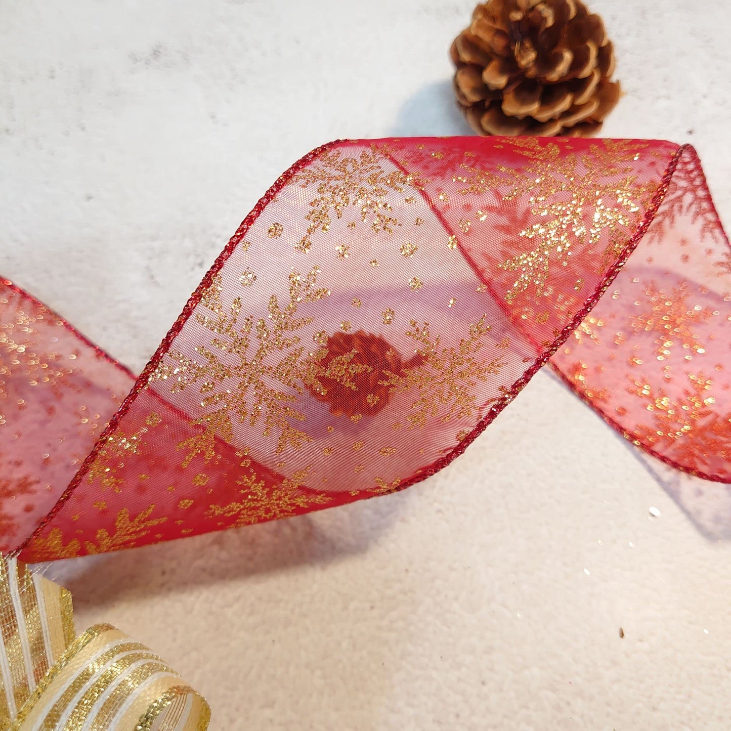 CT CRAFT LLC Organza with Red Glitter Snowflakes Wired Ribbon 2.5 inch x 50 Yards for Christmas Home Decor Tree Topper Bow Gift Wrapping DIY Crafts Wreath Garland Wedding