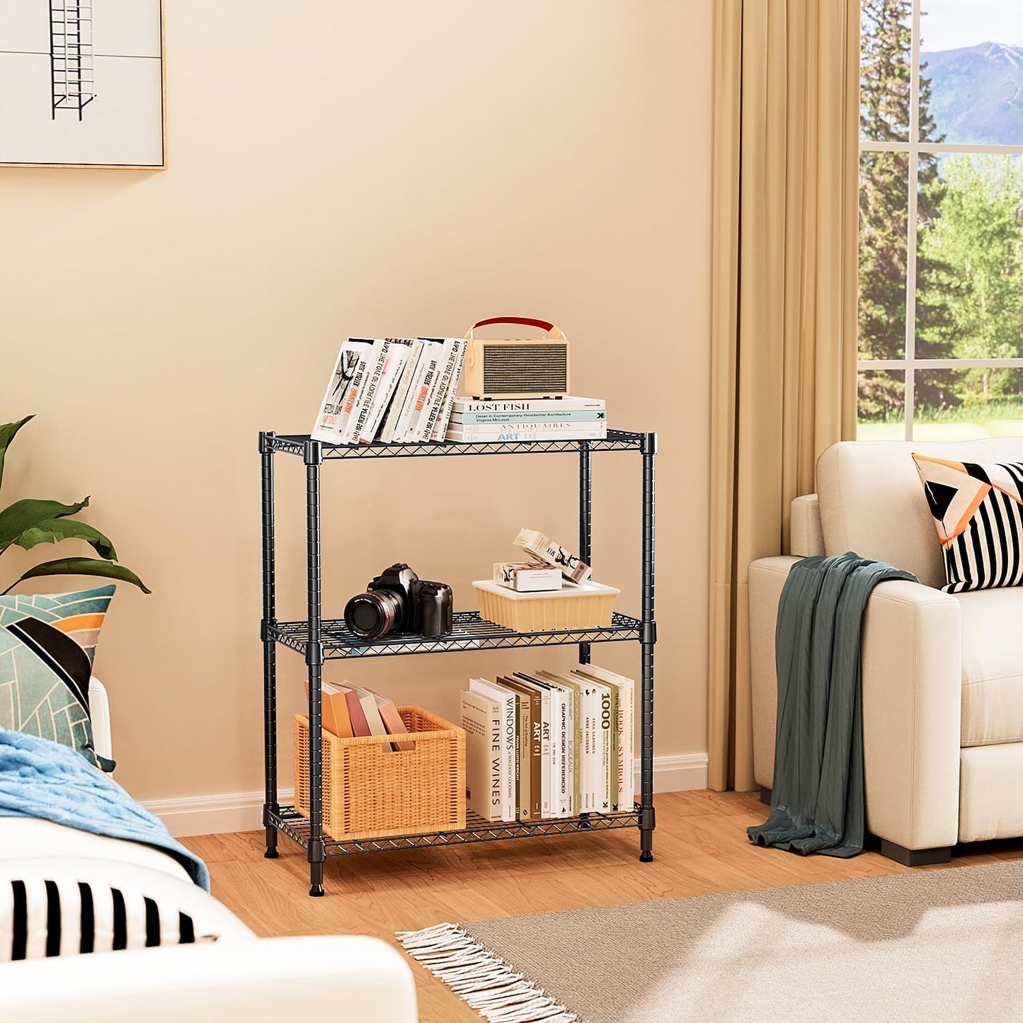 M MZG 750 lbs 3 Tier Storage Rack Metal Wire Shelving Unit, Storage Standing Shelf Organizer for Laundry Bathroom Kitchen Pantry Closet Garage Basement Utility Room, Black 13.8" D x 29.5" W x 35.5" H