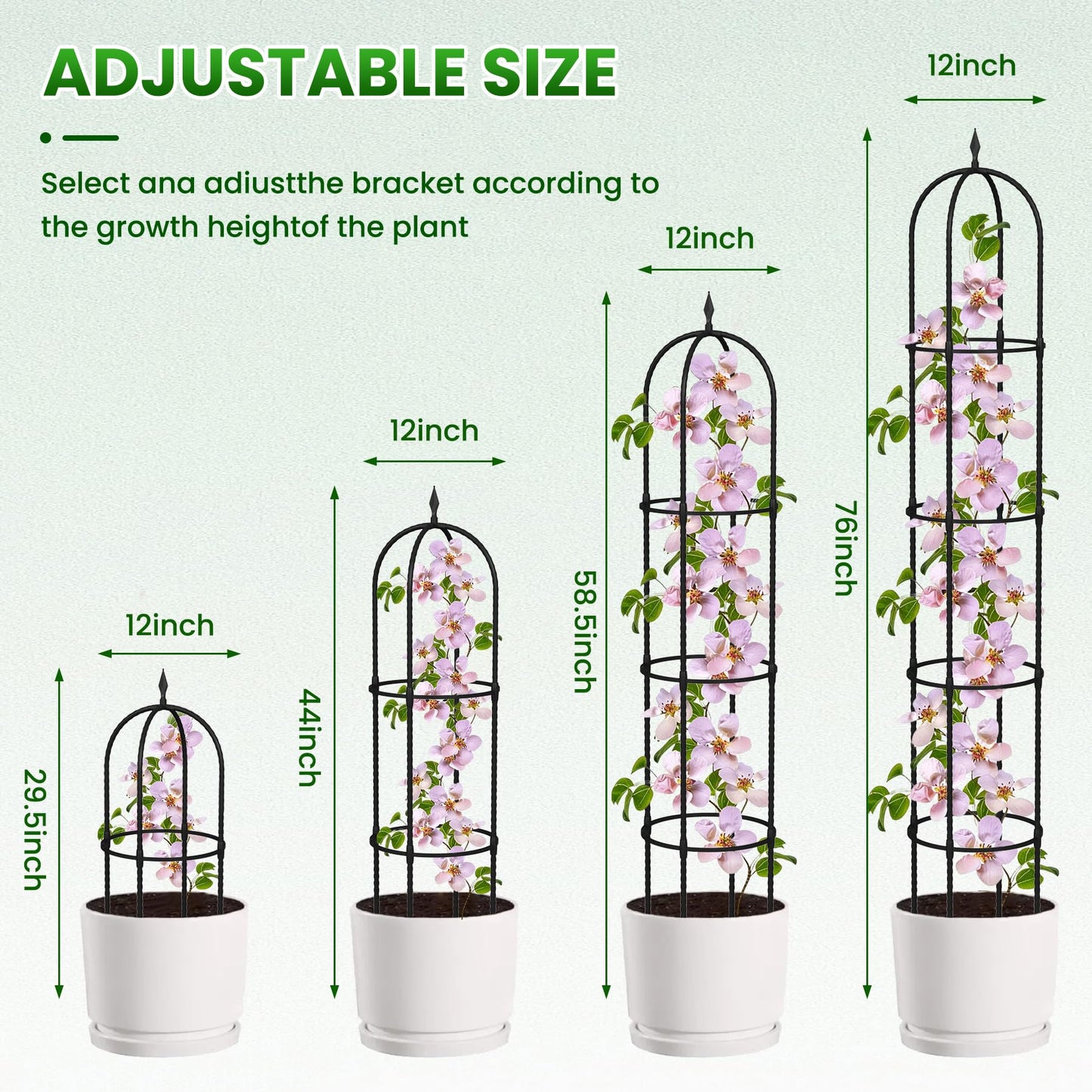 Garden Obelisk Trellis for Climbing Plants - 76" Tall Weather-Resistant Rustproof Metal Plant Flower Support for Roses, Clematis, Tomatoes & Vines, Indoor/Outdoor Use, 12”D (2 Pack)