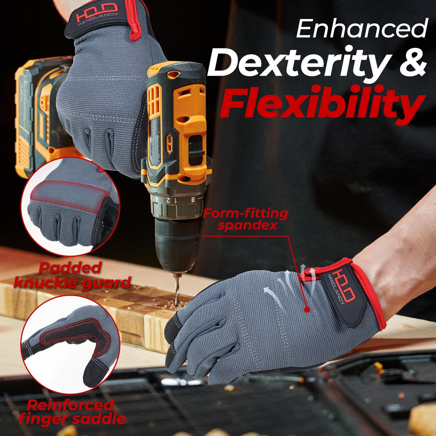 HANDLANDY Mens Work Gloves Touch screen, Synthetic Leather Utility Gloves, Flexible Breathable Fit- Padded Knuckles & Palm (Large)