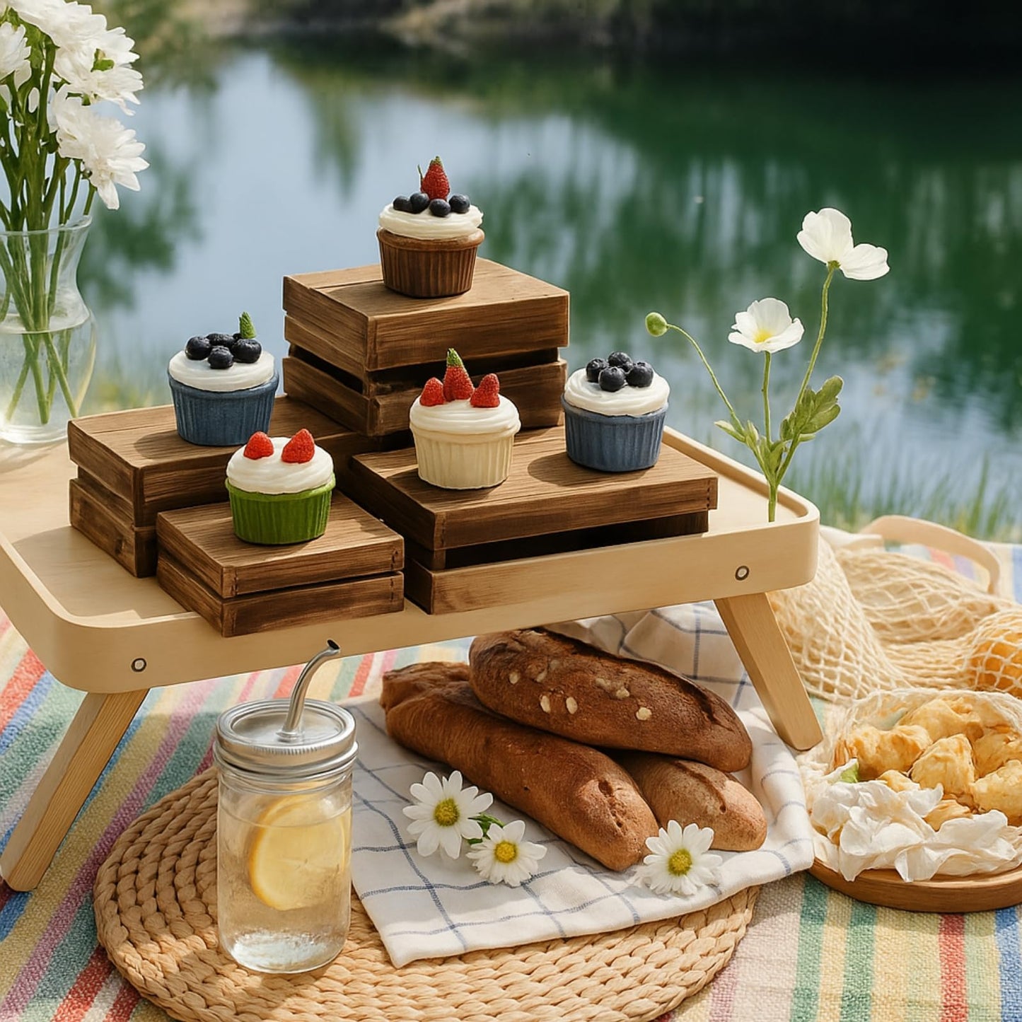 Merrifete 8PCS Wooden Buffet Risers and Stands with Reusable Table Signs, stackable Cube Rustic Wood Food Risers for Buffet Display, Cupcake Holder, Cupcake Stand, Dessert Table Display Set, 8PCS