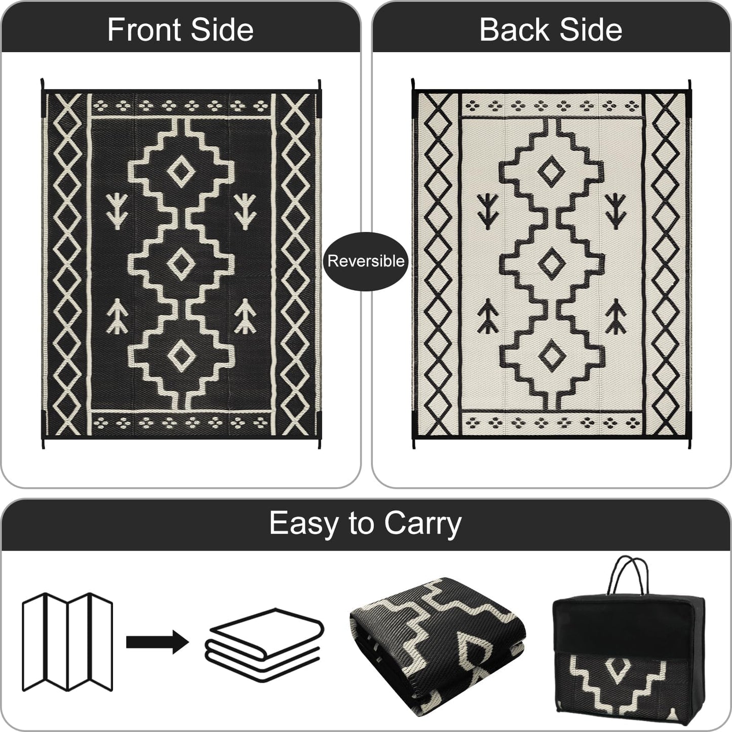 Uphome Outdoor Rugs 8x10 Waterproof, Reversible Black Boho RV Camping Rug, Patio Plastic Straw Outside Rug, Large Foldable Outdoor Mat Carpet for Backyard Deck Pool Balcony Picnic Beach, 8'x10'