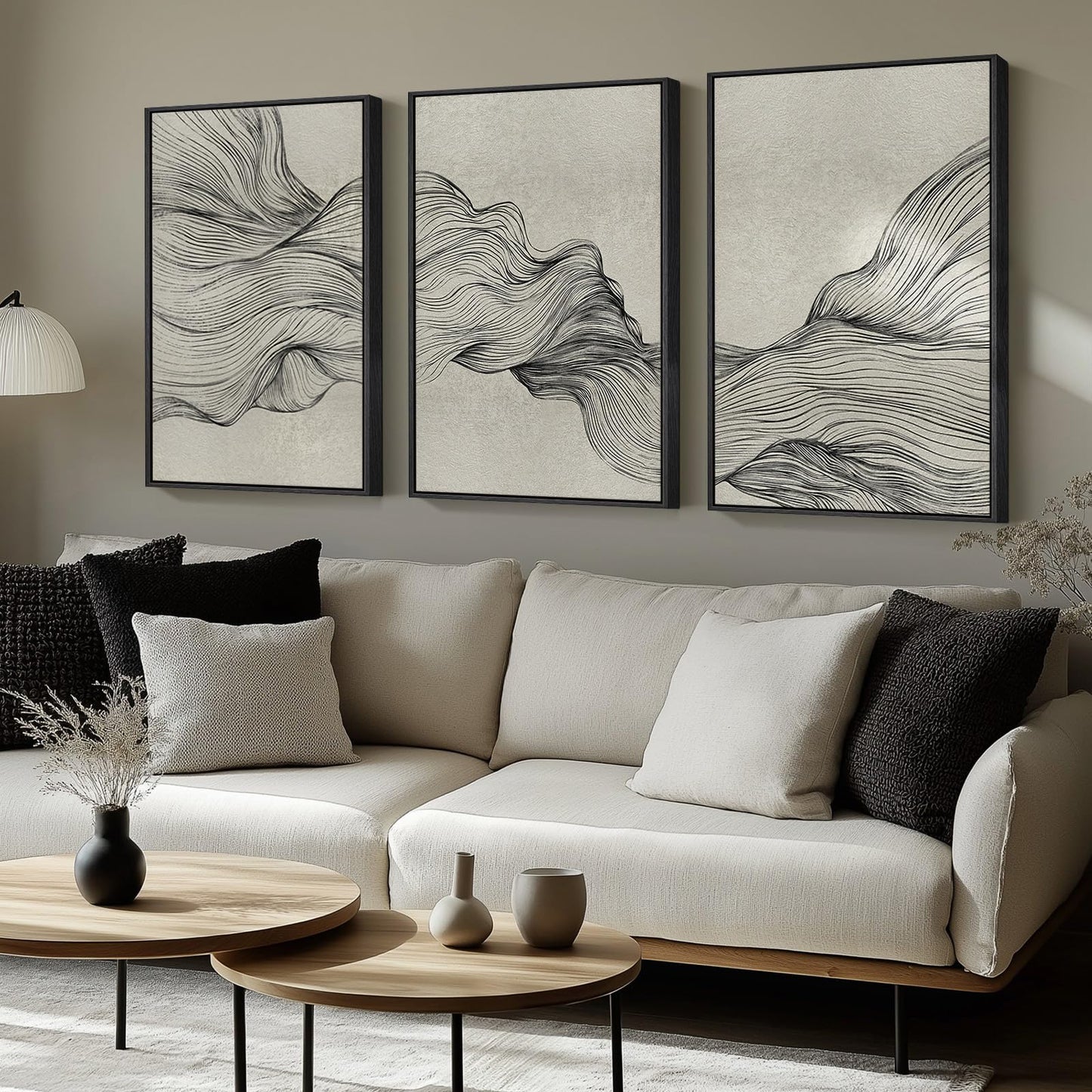 Large Framed Neutral Modern Abstract Wall Art, 3 Piece Black and Beige Canvas Prints Paintings Artwork for Walls, Minimalist Line Pictures for Living Room Hallway Office Wall Decor -Total 30x60 Inch