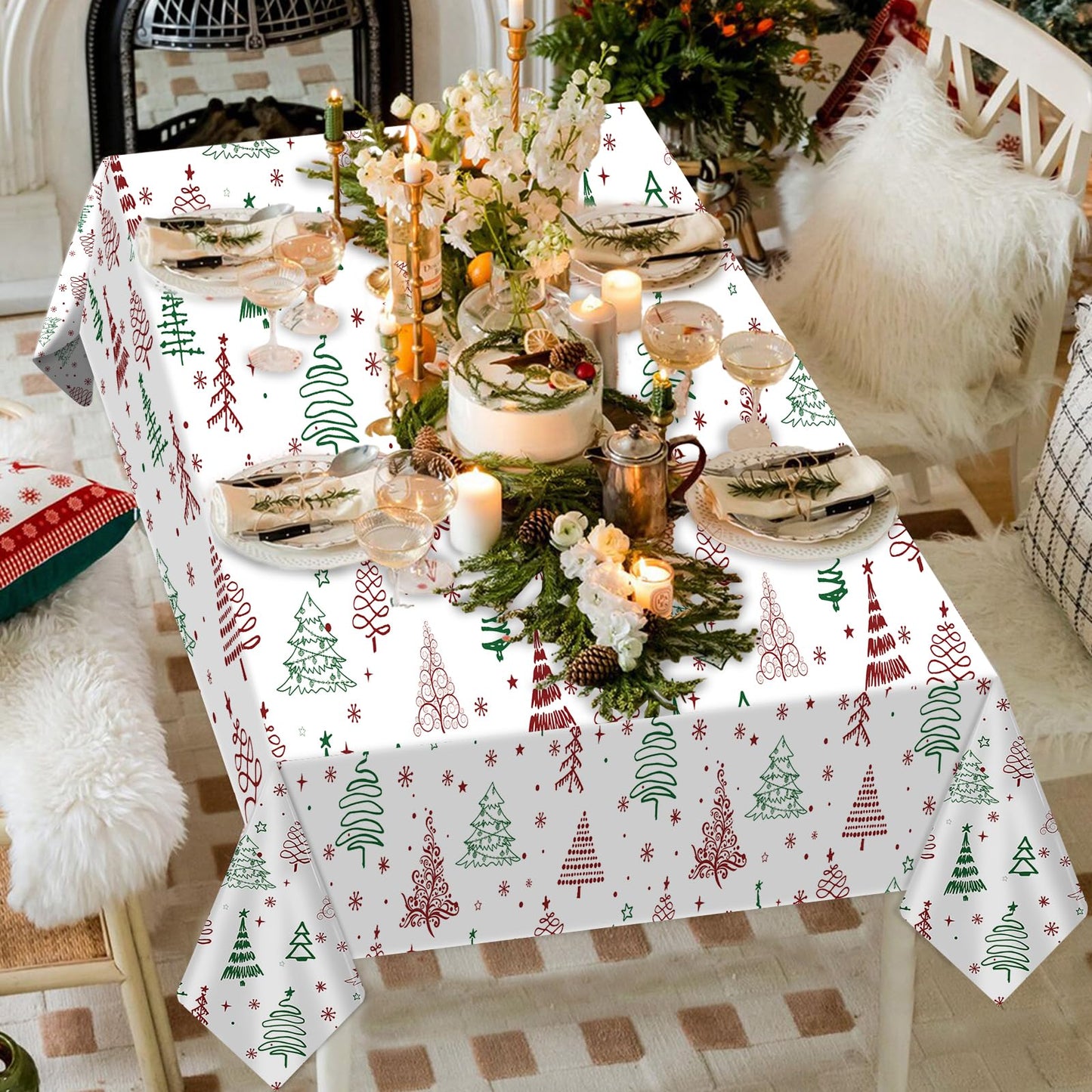 Brix4U 3Pack Christmas Tablecloth, Plastic Christmas Tablecloth Disposable for Rectangle Table Snowflake Xmas Tree Table Cloth for Winter Holiday New Year Party Decoration 54 x 108 Inch