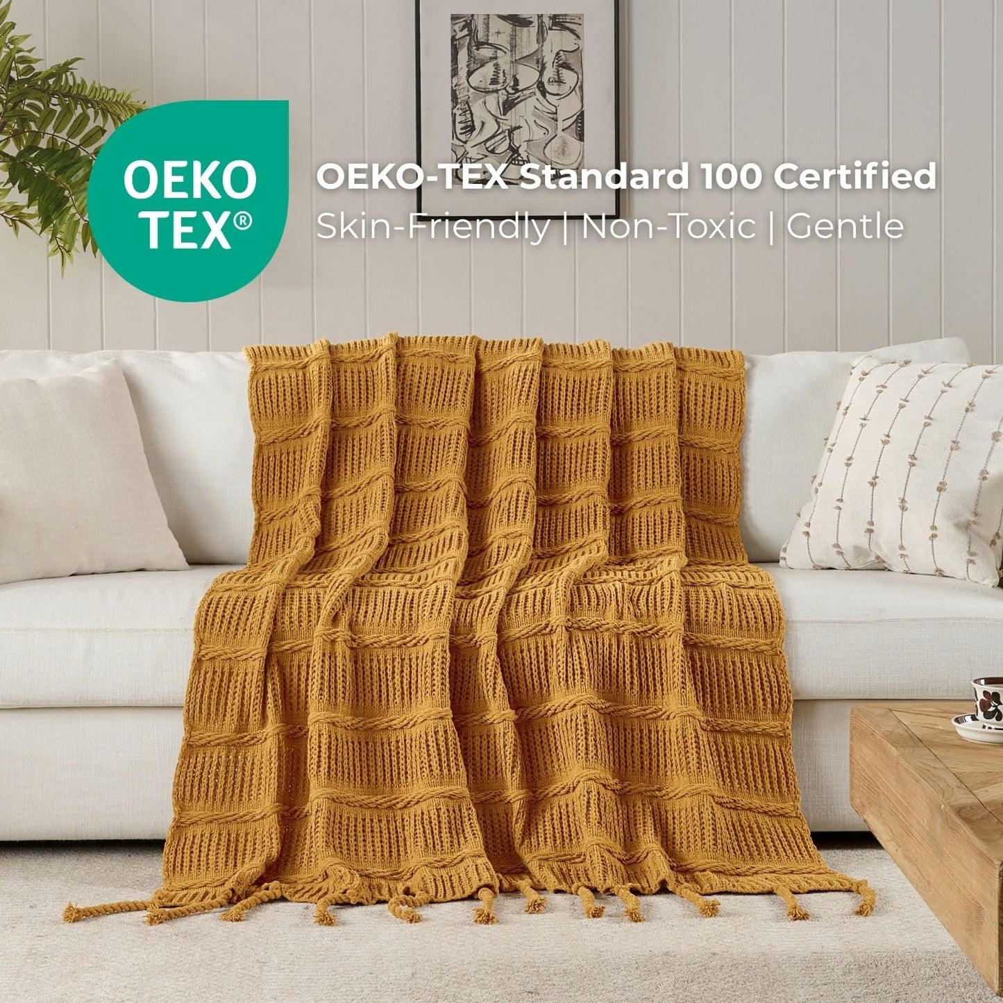 Boho Knitted Chenille Blanket with Tassels - Lightweight & Soft All-Season Throw - 3D Classic Pattern for Living Room Bedroom Couch, Amber Brown, Throw 50"x60"