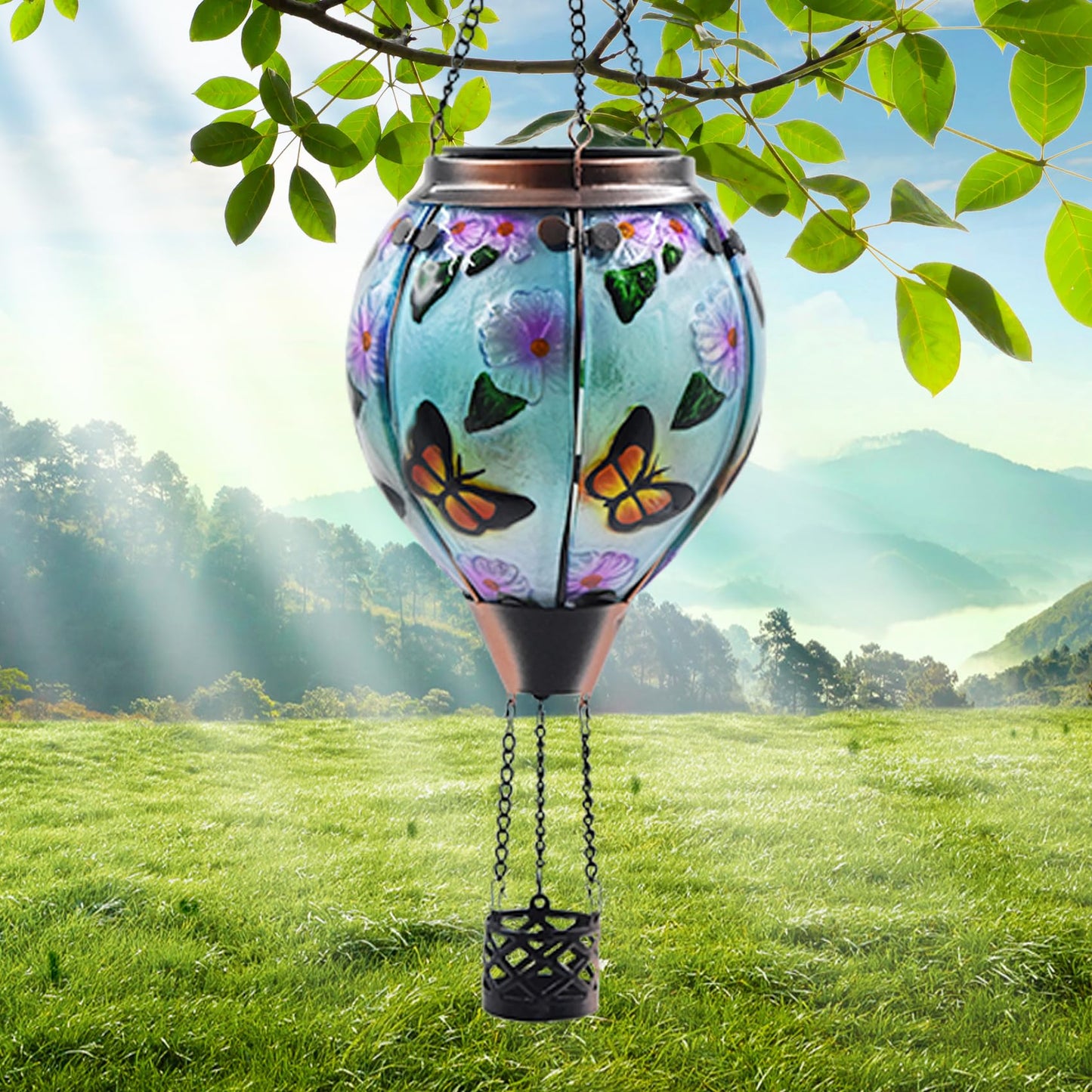 TEYIGARDEN Hot Air Balloon Solar Lantern with Flickering Flame, Glass Hanging Garden Lights Outdoor Waterproof for Tree Yard Patio Mother's Day Gift, 18" H Butterfly