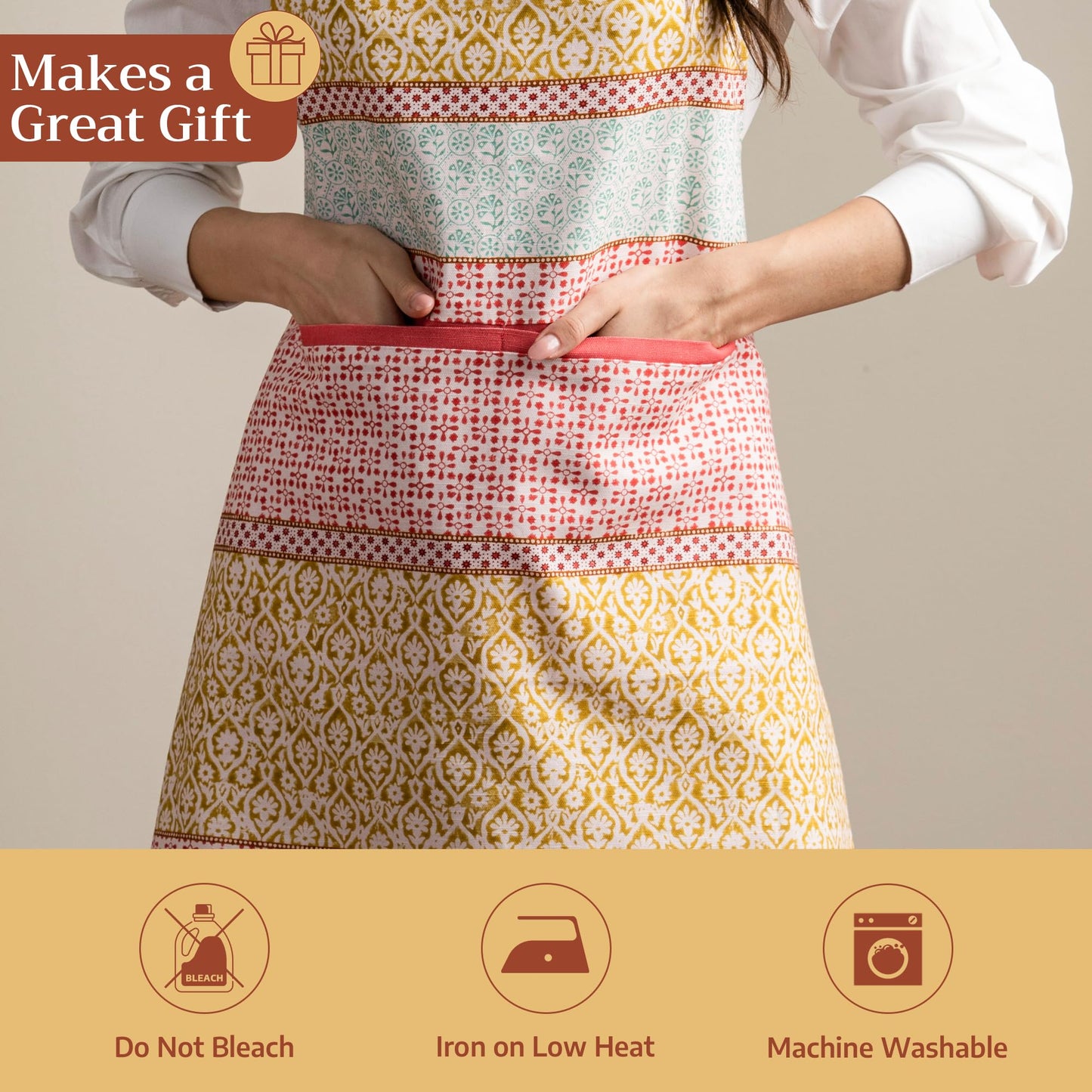 Maison d' Hermine Apron for women with Pocket 100% Cotton 27.50"x31.50" 1 Piece Adjustable Neck Strap & long ties Apron Men, Chef, Wedding, Cooking, Gardening, Server Spring/Summer (Provence)