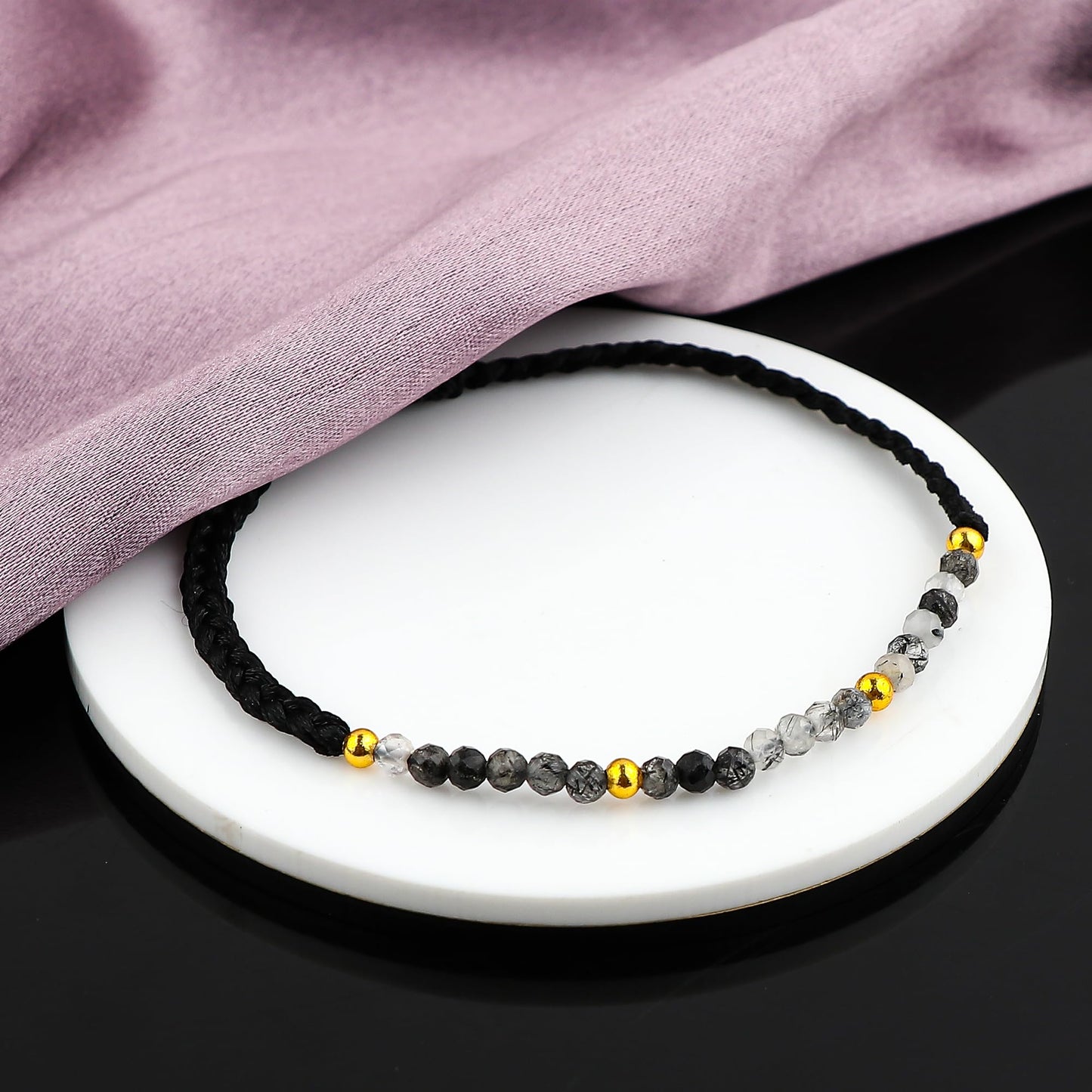 GEMSYMPHONY Black Rutilated Gemstone Beads Braided Bracelet – 3.5mm Natural Stone Beads, Handmade Adjustable Braided Rope Bracelet, Healing Crystal Jewelry for Men & Women, Unisex Boho Gift