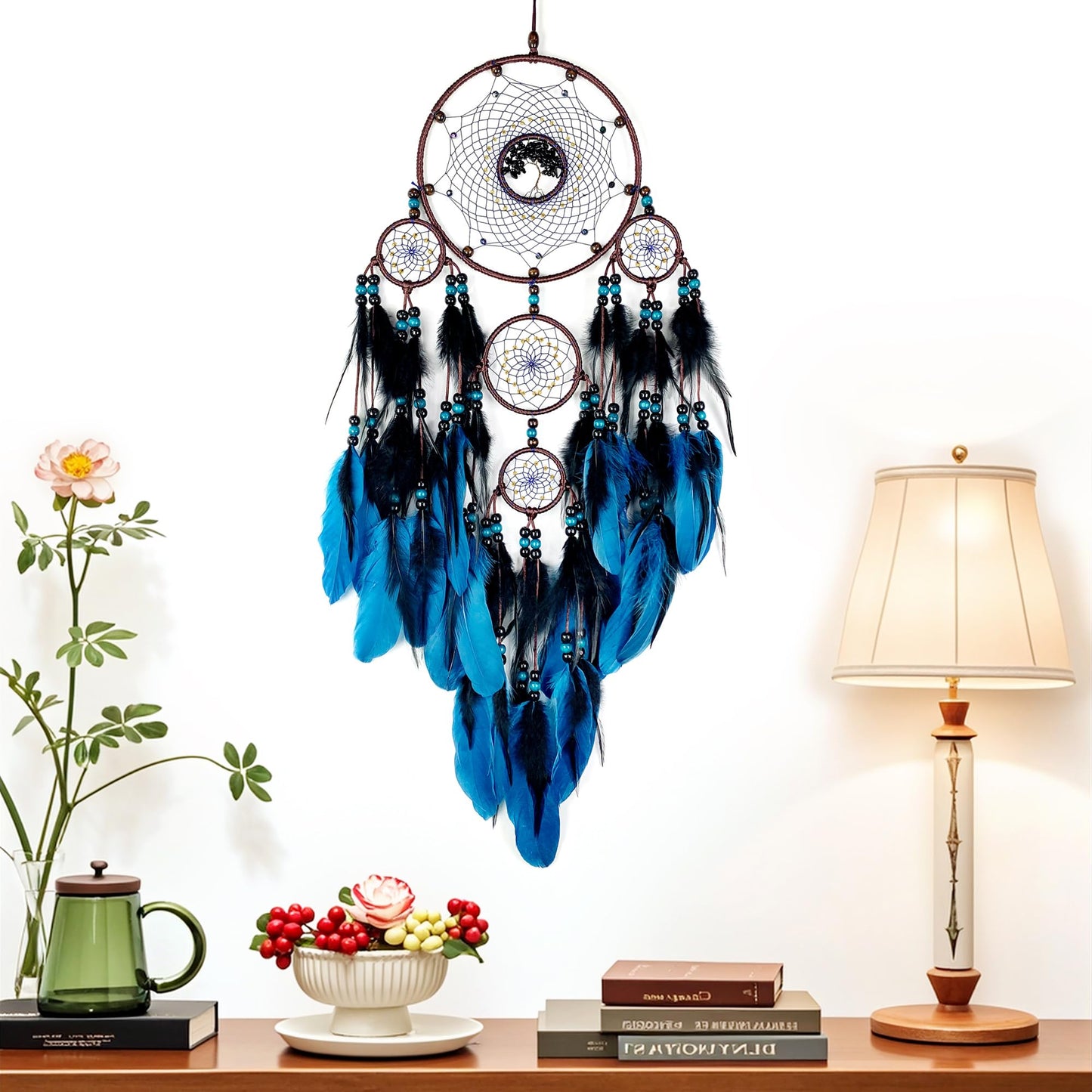 Large Dream Catchers, Boho Handmade Woven Blue and Black Dream Catcher Wall Hanging Ornament for Bedroom Living Room Adults Wedding Party Decor, Festival Blessing Gift (Blue & Black)
