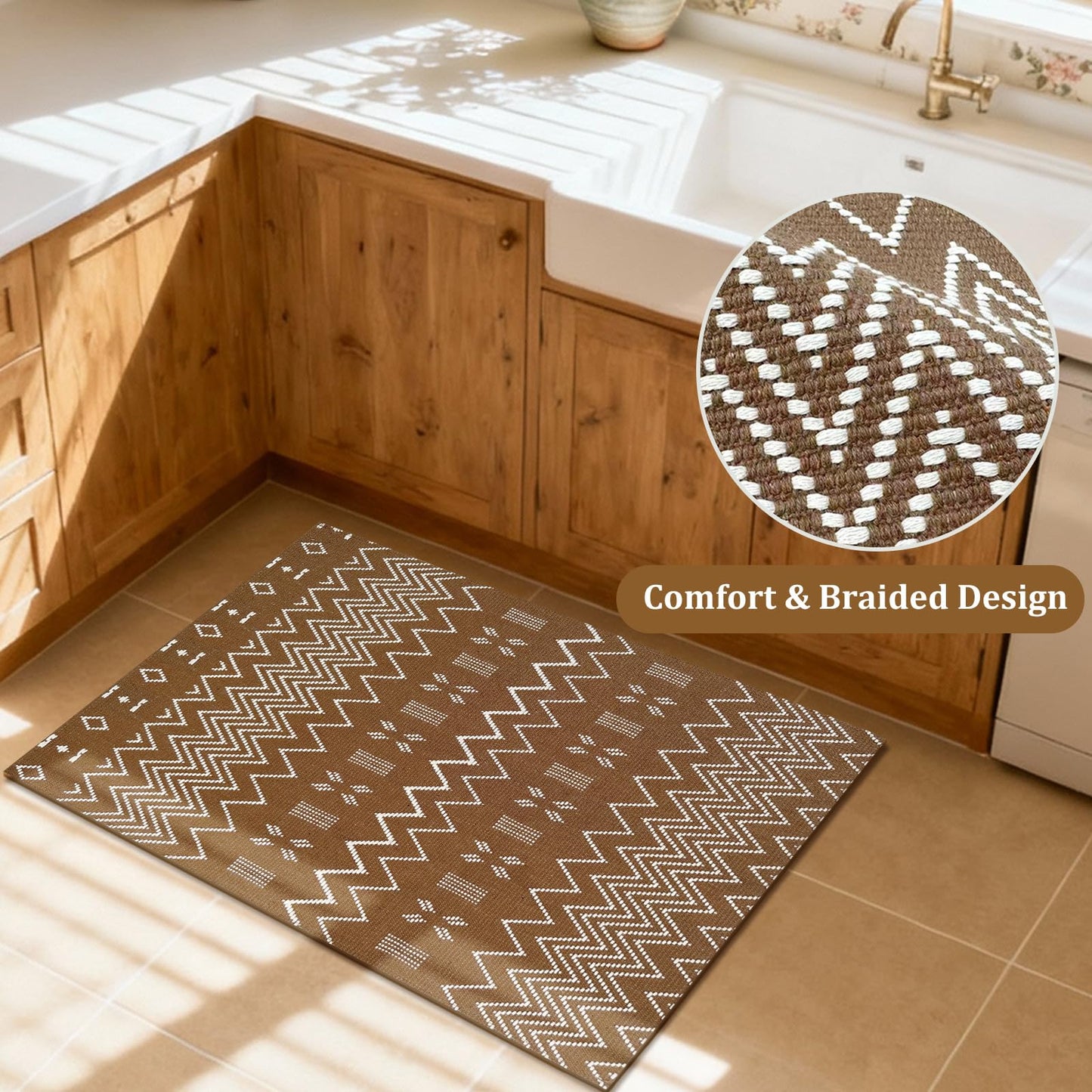 winolive Indoor Door Mat 2x3 Washable Rug,Braided Area Rug,Front Door Mat with Non Slip Rubber Backed,Cotton Doormat for Front Entryway Bathroom Kitchen Bedroom,Brown/White