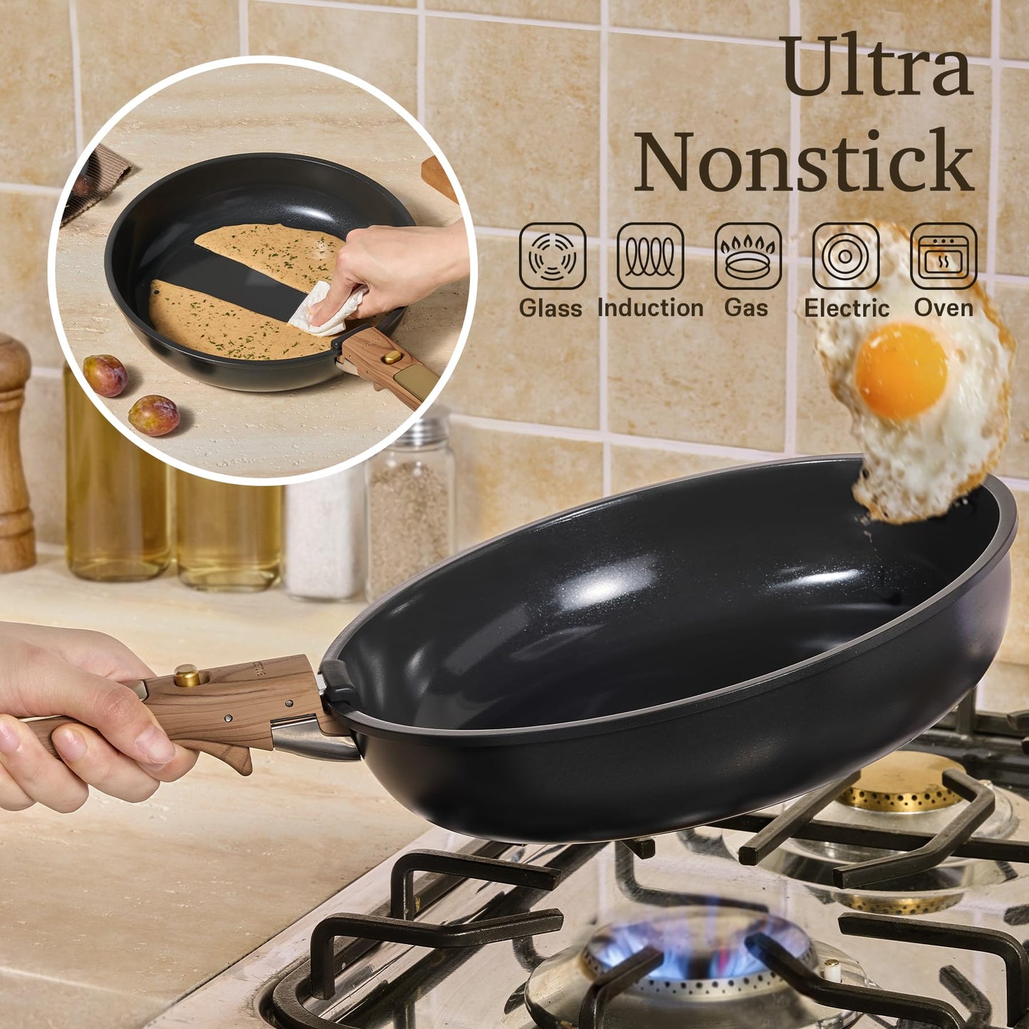 CAROTE 15Pcs Ceramic Cookware Set, Pots and Pans Set Non stick, Kitchen Cooking Set with Detachable Handle, Non Toxic Induction Cookware, Dishwasher/Oven Safe, PFAS Free, Black&Gold