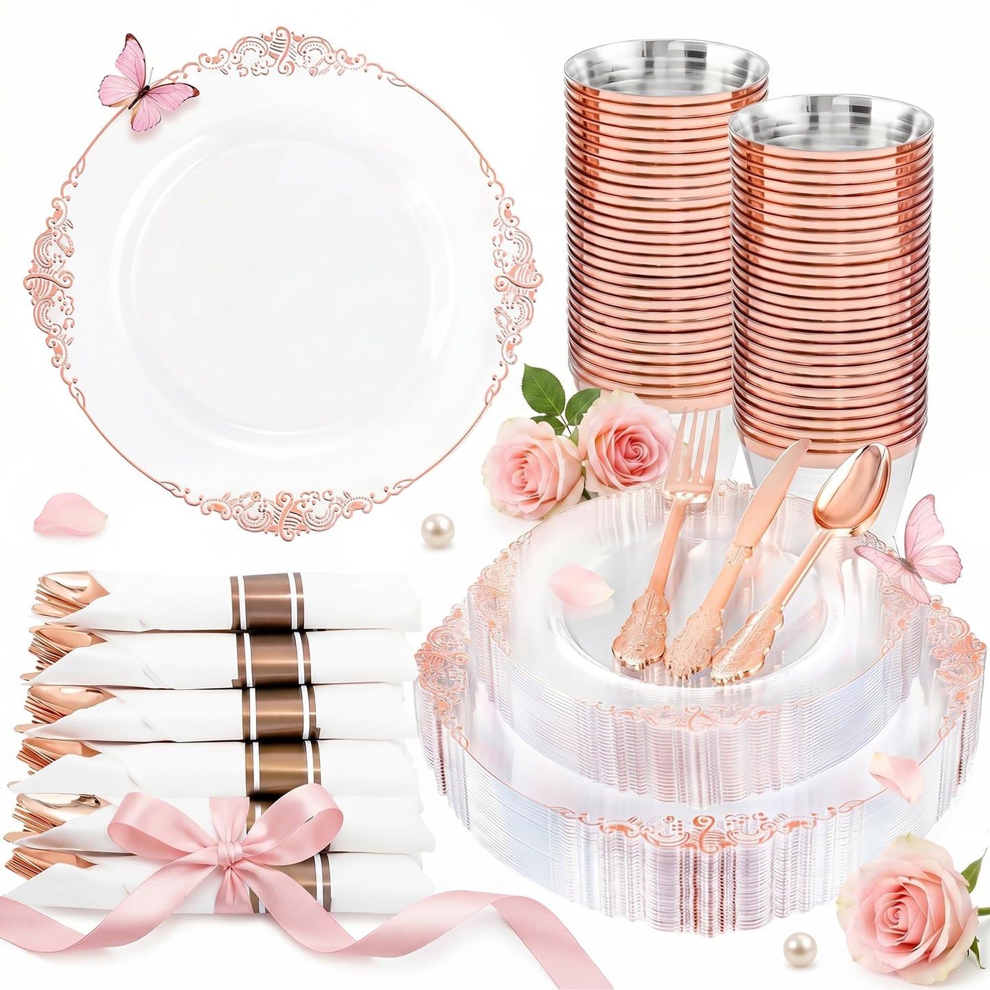 Nervure 175PCS Rose Gold Plastic Plates - Disposable Rose Gold Party Plates & Pre Rolled Napkins with Cutlery for 25 Guests, 50Plates, 75Silverware, 25Cups, 25Napkin for Wedding & Party & Mothers Day