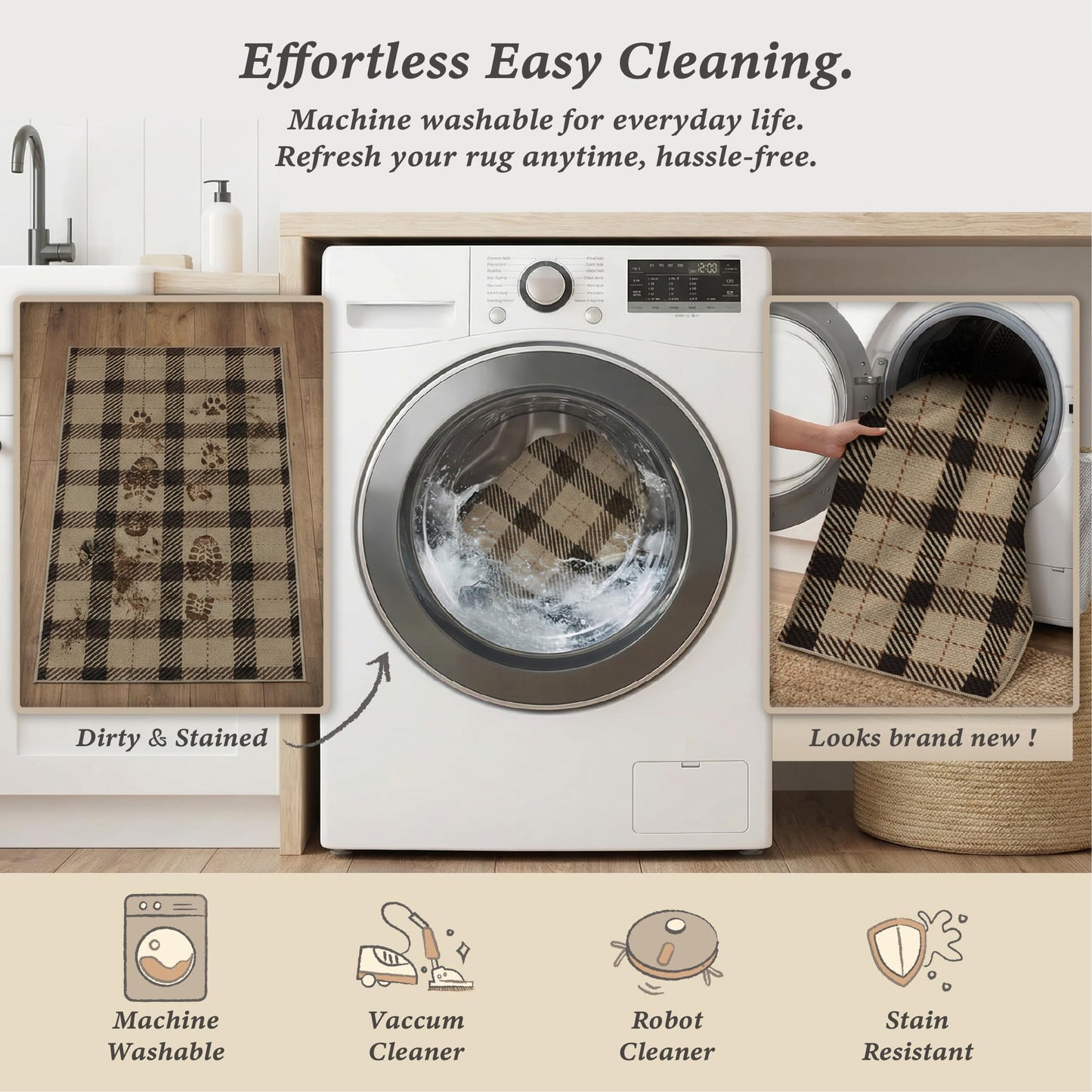 Washable Plaid Indoor Outdoor Rug 3x5 for Front Porch, Entryway, Patio, No Shed Easy Jute Non Slip TPR Backing Area Rug for Large Kitchen, Farmhouse Black & Tan Checkered Seegrass Aesthetic