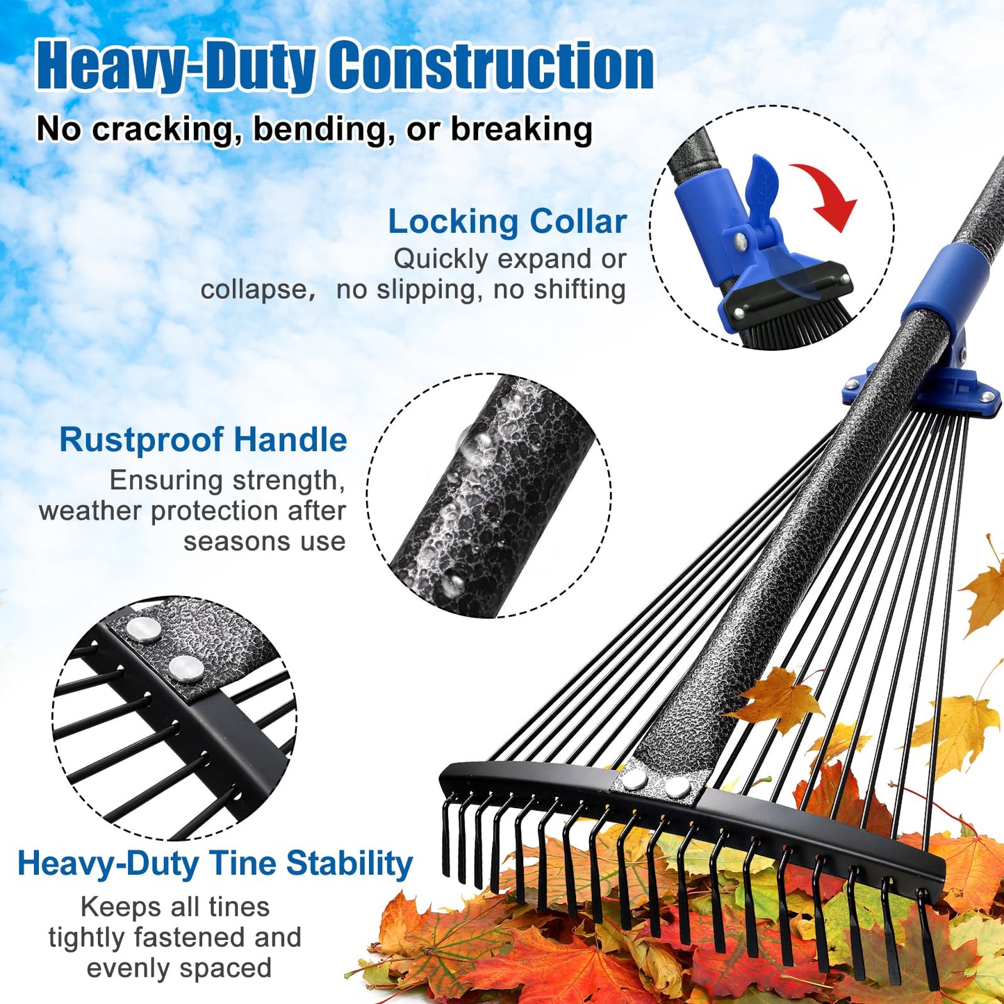 Rake for Leaves: Adjustable Metal Leaf Rake for Lawn, 8-17" Expandable Head, 45” Long Handle,Collapsible Heavy Duty Women Kids Garden Rakes for Yard Pine Needles Mulch Grass Debris Gardening Camping